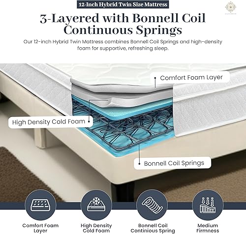 Miniatura 10 de Aylas Furniture Colchón de tamaño King híbrido King de 12 pulgadas con espuma fría de alta densidad y comodidad con resortes de bobina continua