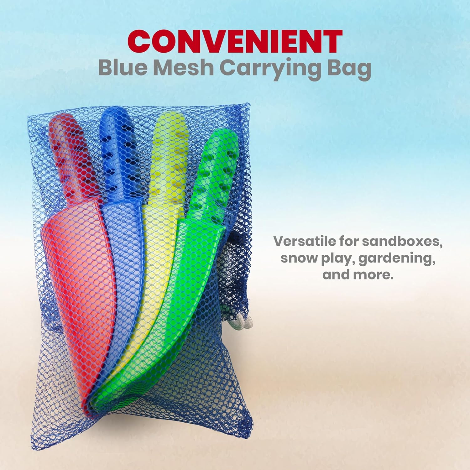 Bedwina Beach Sand Toy Shovels with Mesh Bag for Kids - (Pack of 4) 8 Inch Heavy Duty Shovel and Carry Bag for Sandbox Digging, Planting or Snow Playing for Children and Toddlers