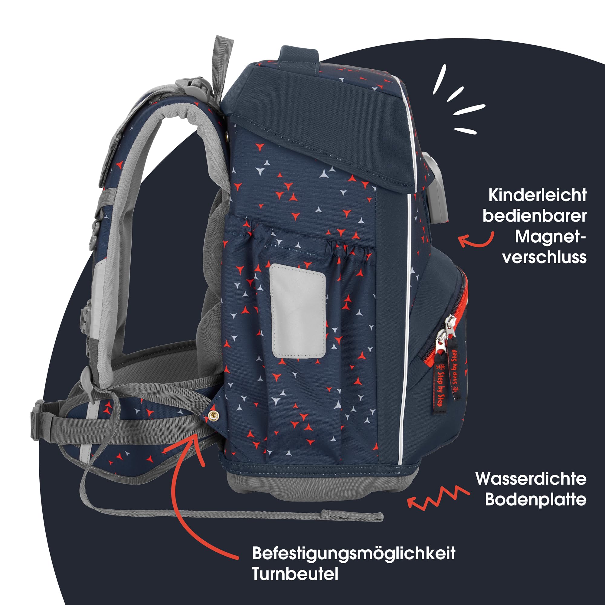 Step by Step Basis Schulranzen-Set „Anthrazit Triangles“, 4-teilig, grau, ergonomischer Tornister mit Reflektoren, Hüft- und Brustgurt, für Kinder ab der 1. Klasse, 20 Liter