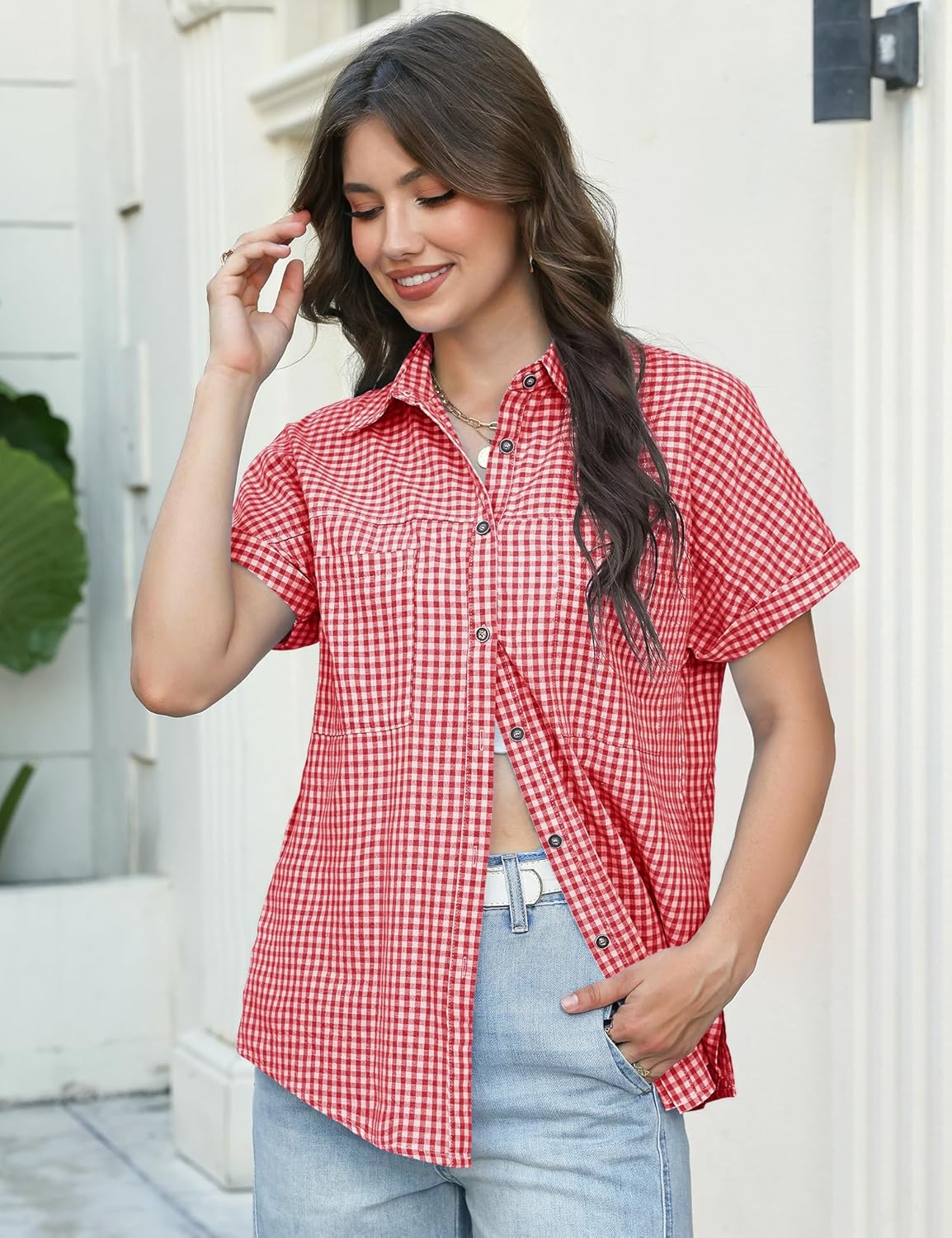 Button Down Shirt for Women Short Sleeve Blouses Dressy Casual Business Work Summer Vacation Tops Hawaii Shirts with Pockets - Image 2