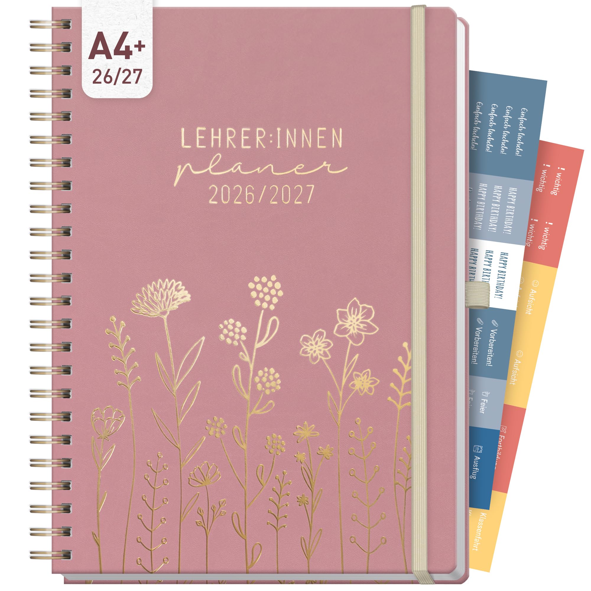 Häfft® Lehrerplaner 2026/2027 A4+ Deluxe - Großer Lehrerkalender & Schulplaner 26/27 mit Kunstleder-Einband & Spiralbindung "Fine Flowers" für Grundschule, weiterführende Schulen & Referendariat
