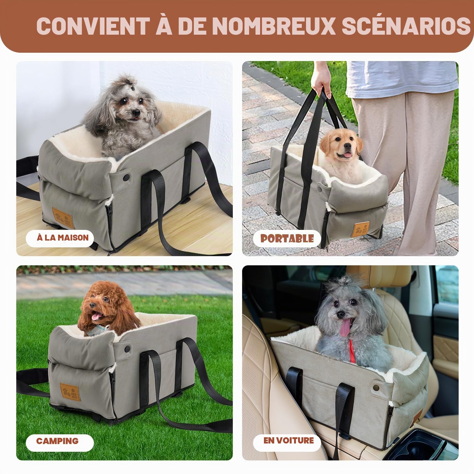 Siège de Voiture pour Chiens et Chats - Rehausseur Amovible et Lavable - Console Centrale pour Animaux de Petite Taille Jusqu'à 5,9 kg