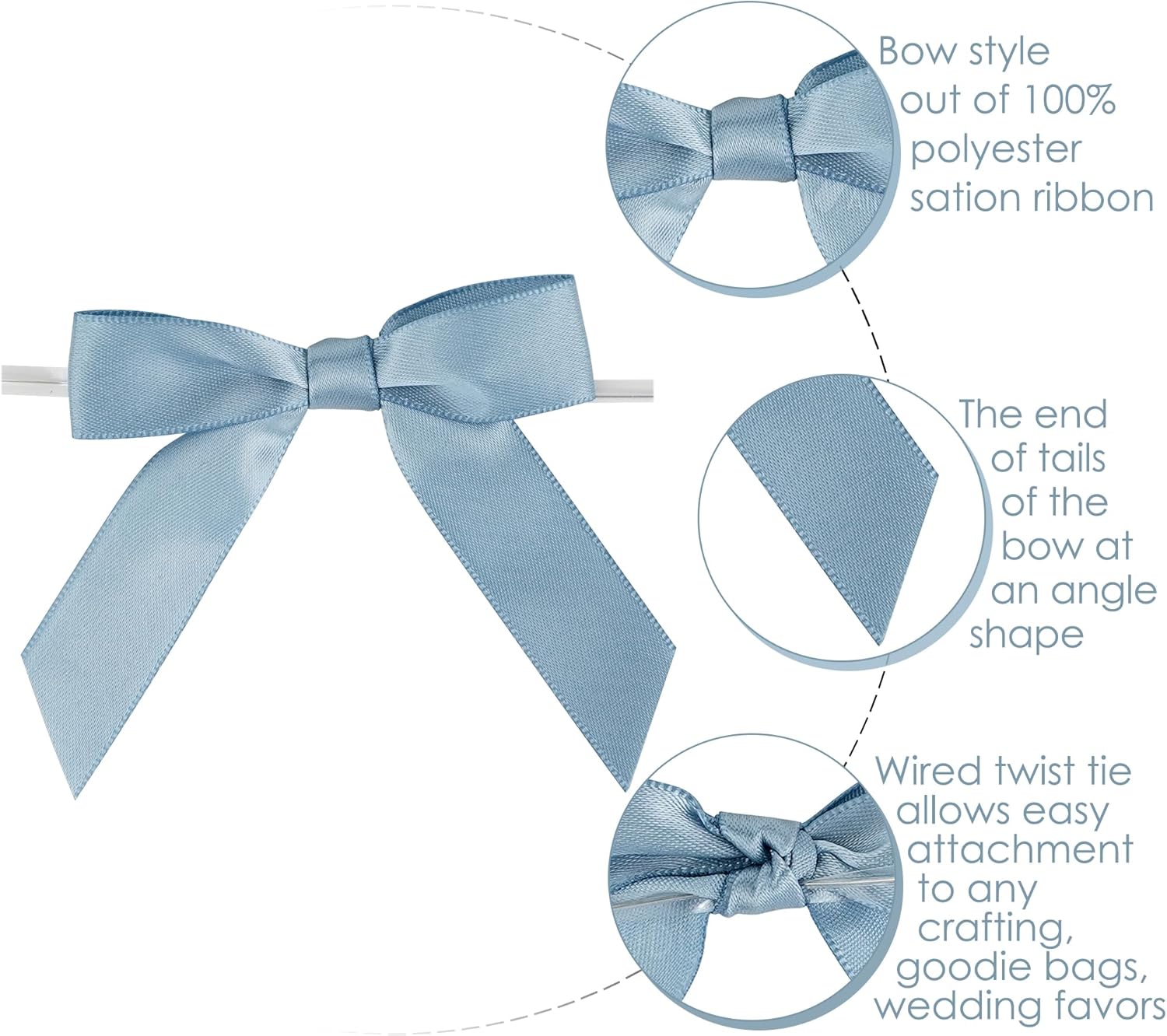 AIMUDI Dusty Blue Bows for Gift Wrapping Premade Satin Bows for Wedding Decor Pre Tied Twist Tie Bows Small Bows for Crafts Treat Bags Cake Pop Party Favors - 50 Counts - Image 4