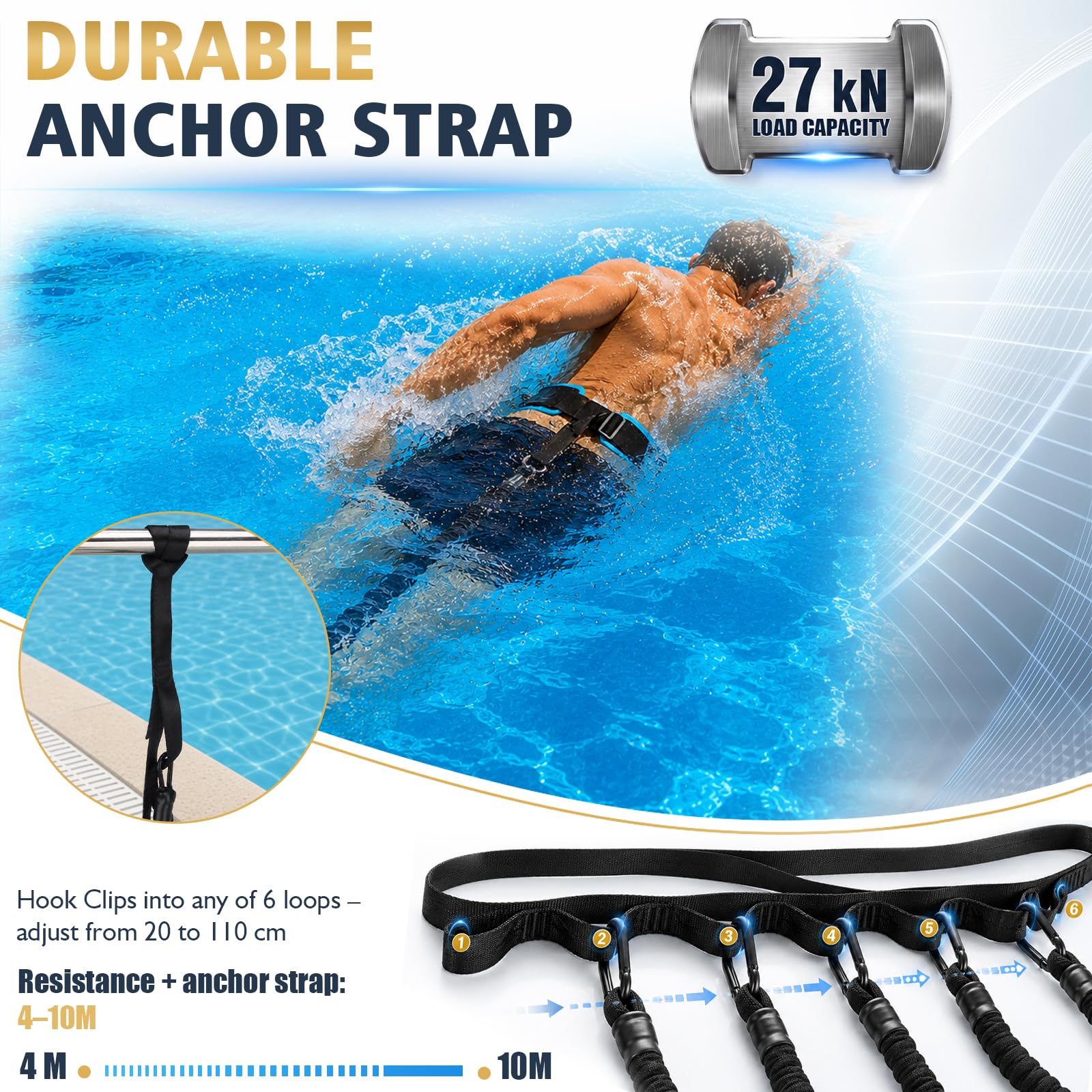 2026 Cinturón de Natación Piscinas, Cinturones MagnéTicos de Natación para Adultos de 4-10 M, Cinturón EláStico de Resistencia AcuáTica Ajustable para Entrenamiento de Natación
