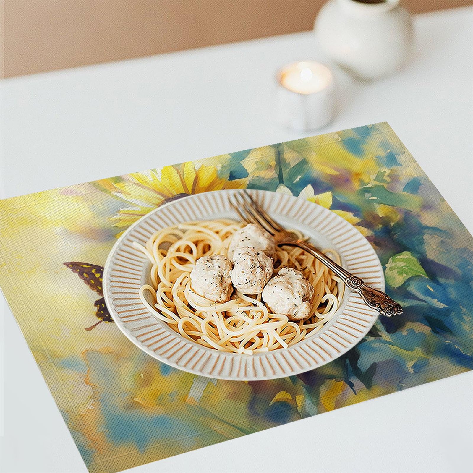 Set di 8 Tovagliette Americane Lavabili Cotone Lino Retrò - Tovaglietta Americana Resistenti al Calore Durevole Farfalla girasole - per Colazione Pranzo 30×45 cm