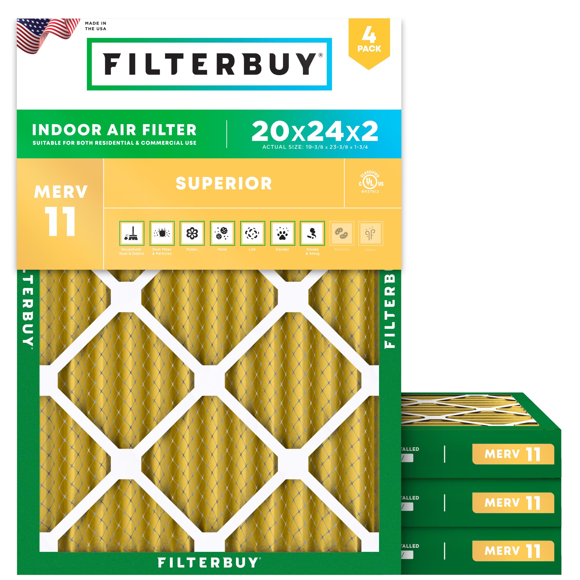 Filterbuy 20x24x2 Air Filter MERV 11 Superior Pet & Allergy Defense (4-Pack), Electrostatic Pleated HVAC AC Furnace Filters Replacement, Made in USA (Actual Size: 19.38 x 23.38 x 1.75)