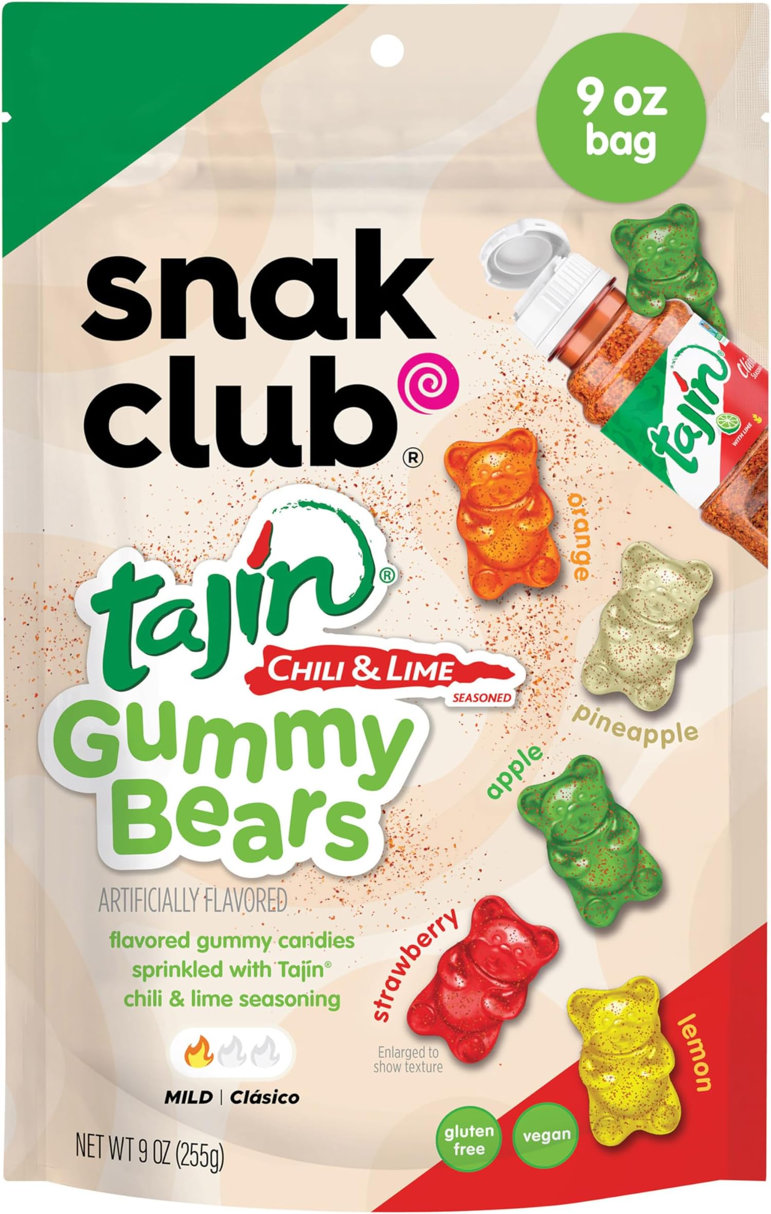 Snak Club Tajin Gummy Bears, Assorted Fruit Candy Gummies with Chili and Lime Seasoning, Mild, Gluten-Free and Vegan Snacks, 9 oz Resealable Bag