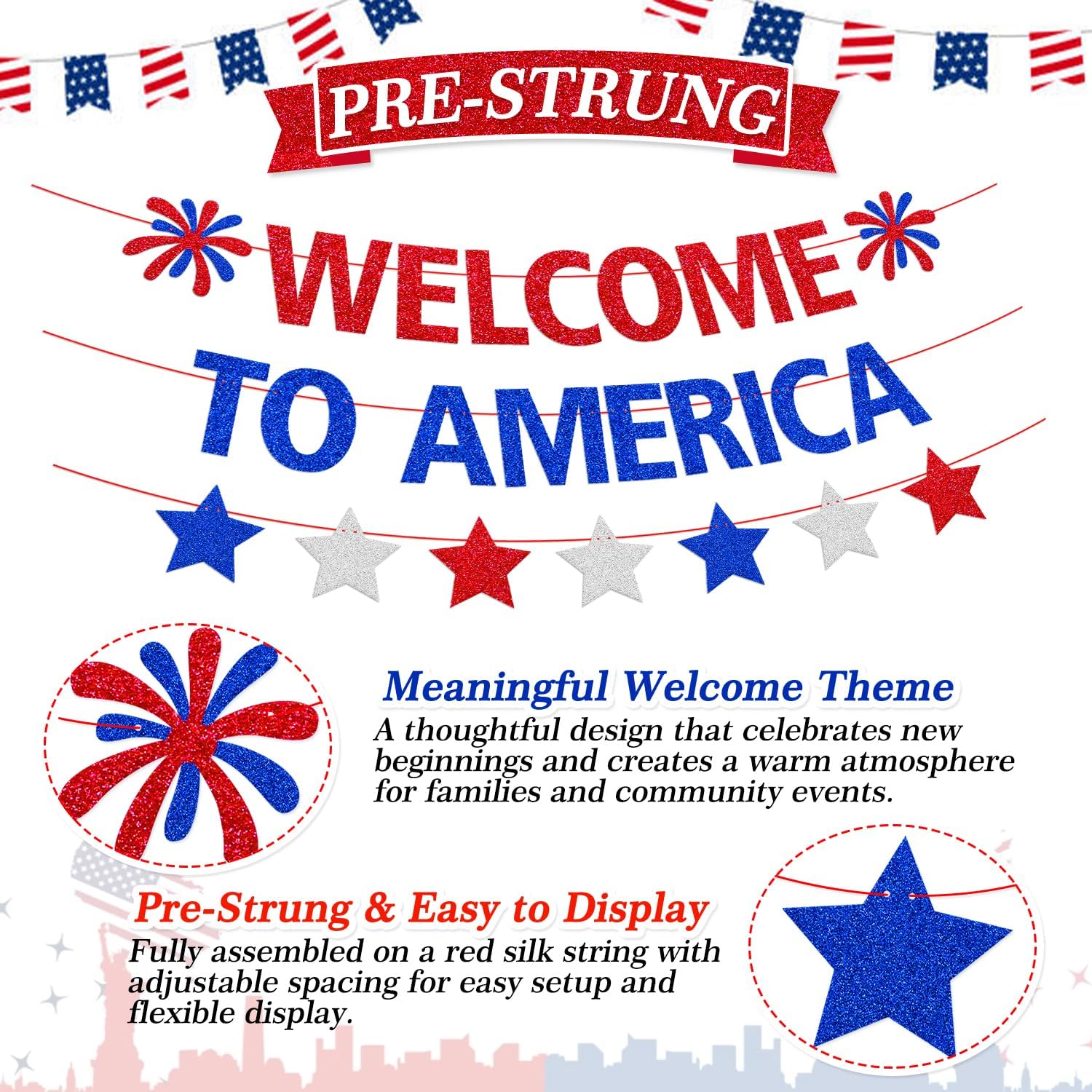 Welcome to America Banner, Home Community Event Decor | Patriotic Red White Blue Welcome Sign for New Citizen & Citizenship Parties, Naturalization Celebration