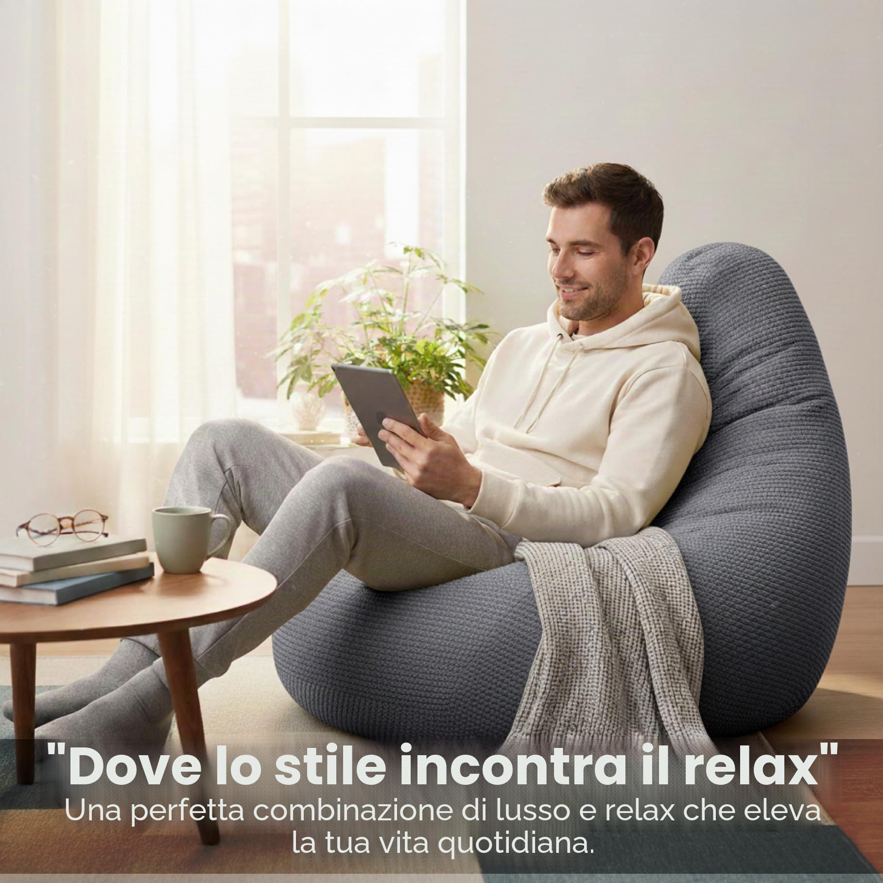 Loft 25 Poltrona a sacco per adulti, con schienale alto, in tessuto di velluto a coste, per interni, soggiorno, gioco, fodera interna, design ergonomico per il supporto del corpo (pouf, carbone)