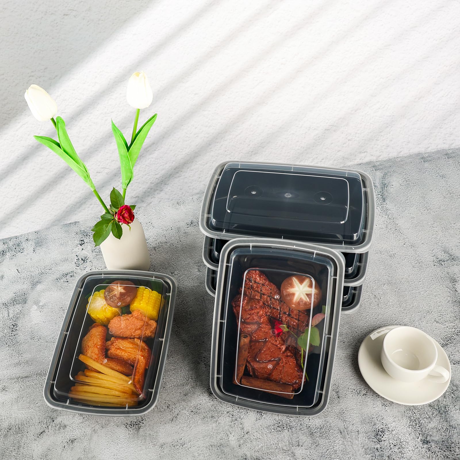 Recipientes reutilizables para preparación de comidas, paquete de 15 recipientes de almacenamiento de alimentos de 32 onzas con tapas para llevar, recipientes de comida para llevar con 15 tenedores,