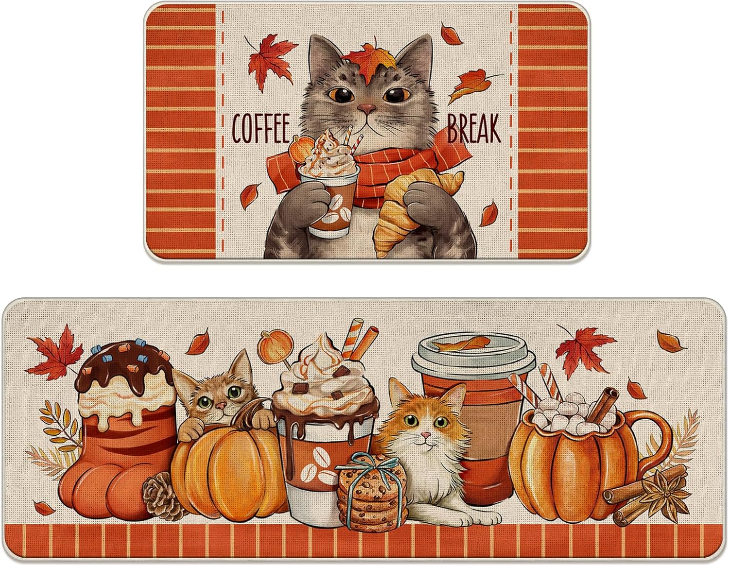 Fall Cat Coffee Break Kitchen Rugs Set of 2, Autumn Pet Pumpkin Maple Leaves Kitchen Mats Decor Cat Lover Gifts, Thanksgiving Seasonal Floor Door Mat Home Decorations - 17x29 and 17x47 Inch