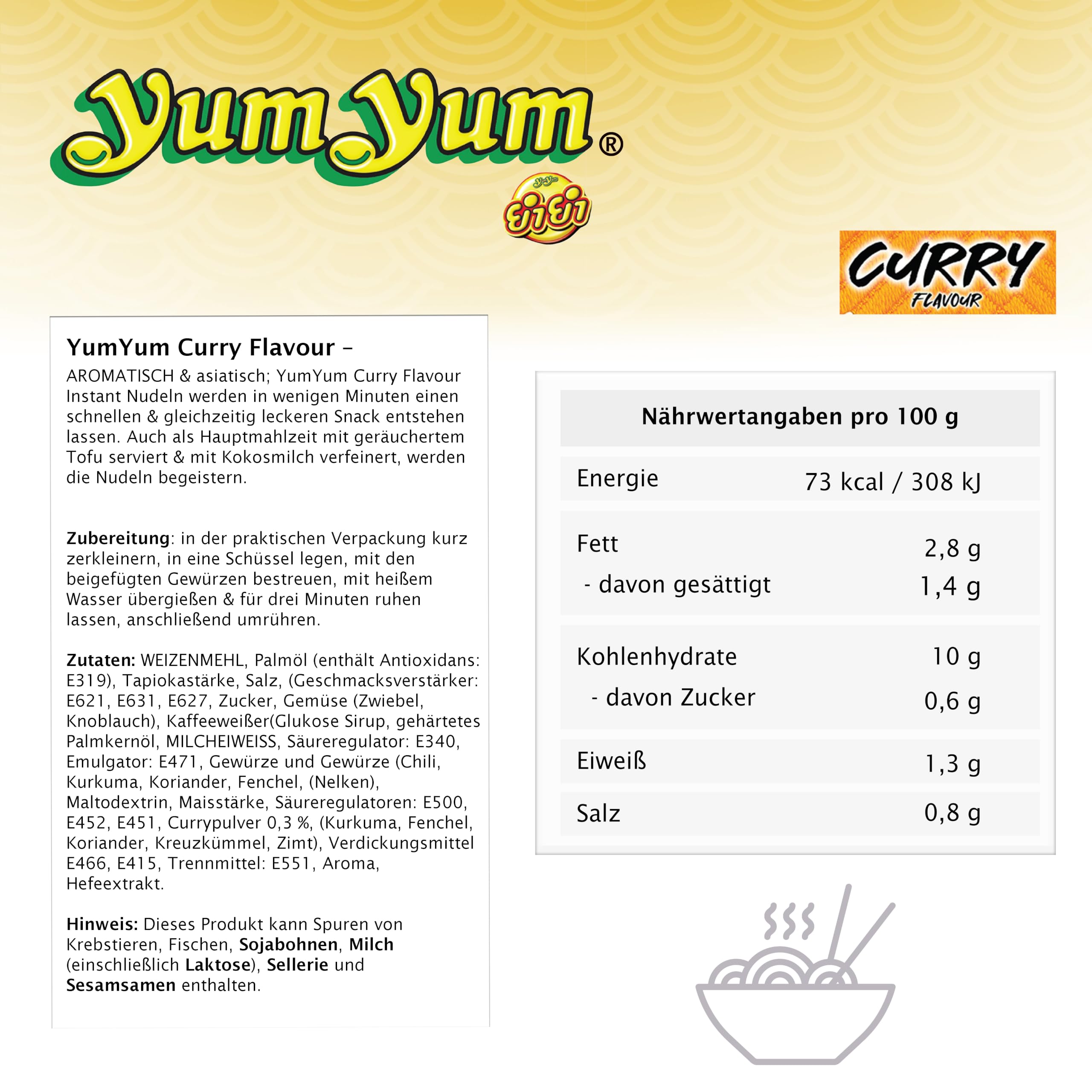 YumYum Curry Flavour 120x 60g Asiatische Instant Nudeln mit Currygeschmack, sofortiger Genuss als Snack, authentisch thailändisches Aroma, mit indischen Gewürzen, Produktion in Thailand