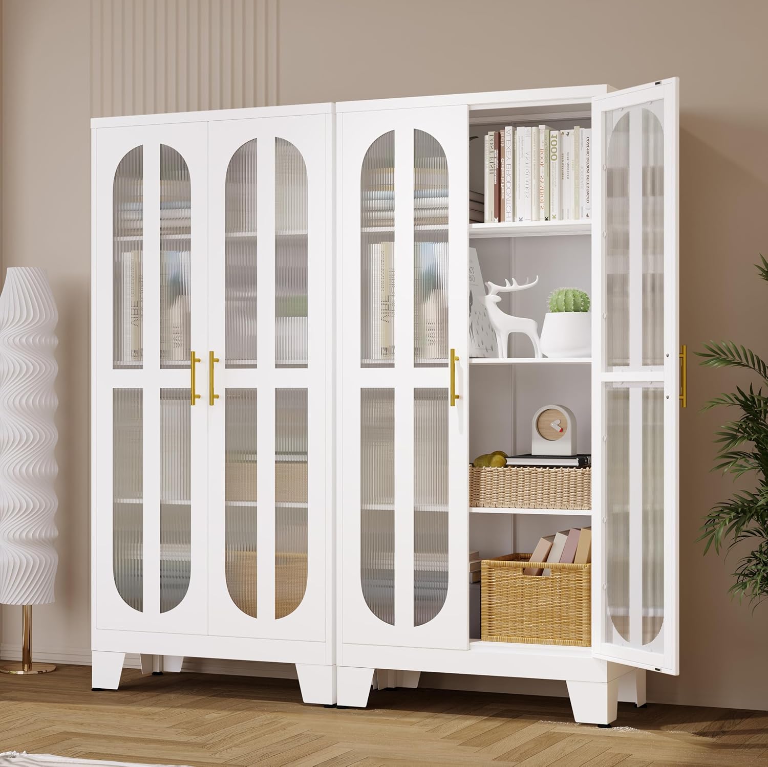 61” Metal Storage Cabinet, Kitchen Pantry Storage Cabinet with Acrylic Glass Doors and Adjustable Shelves, Tall Steel Freestanding Cupboard for Kitchen, Laundry/Living/Bathroom, Office-White