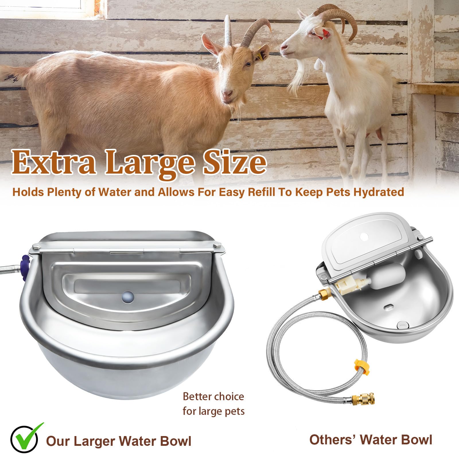 Tessco 2 set di abbeveratoi automatici extra large per cavalli, in acciaio inox, distributore automatico di acqua per cani, ciotola per acqua automatica per bestiame animali da fattoria con adattatore