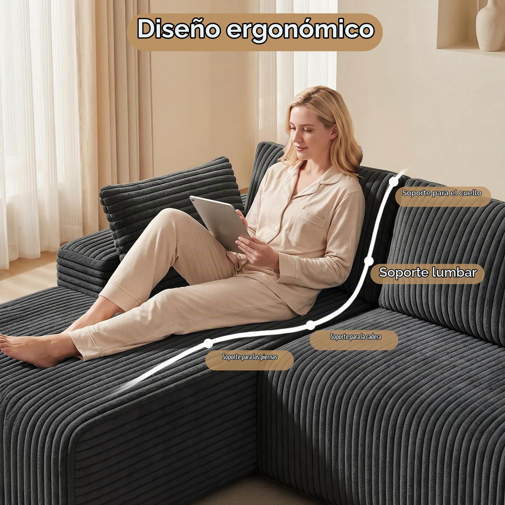 Xbro 320cm Sofa Modular de 4 Plazas, Tela de Pana, Gris Oscuro