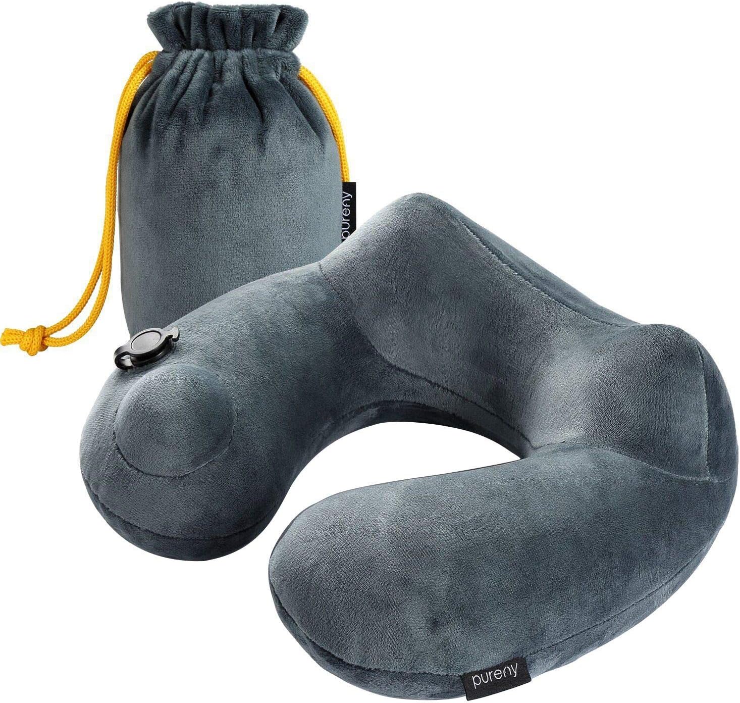 Purefly Travel Pillow Luxuriously Soft Inflatable Neck Pillow Support-Compact and Lightweight for Sleeping on Airplane, Car, and Train Carrying Bag Soft and Ergonomic