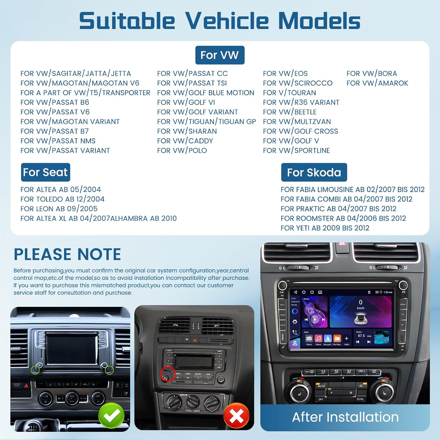 List of compatible Volkswagen, Seat, and Skoda vehicle models