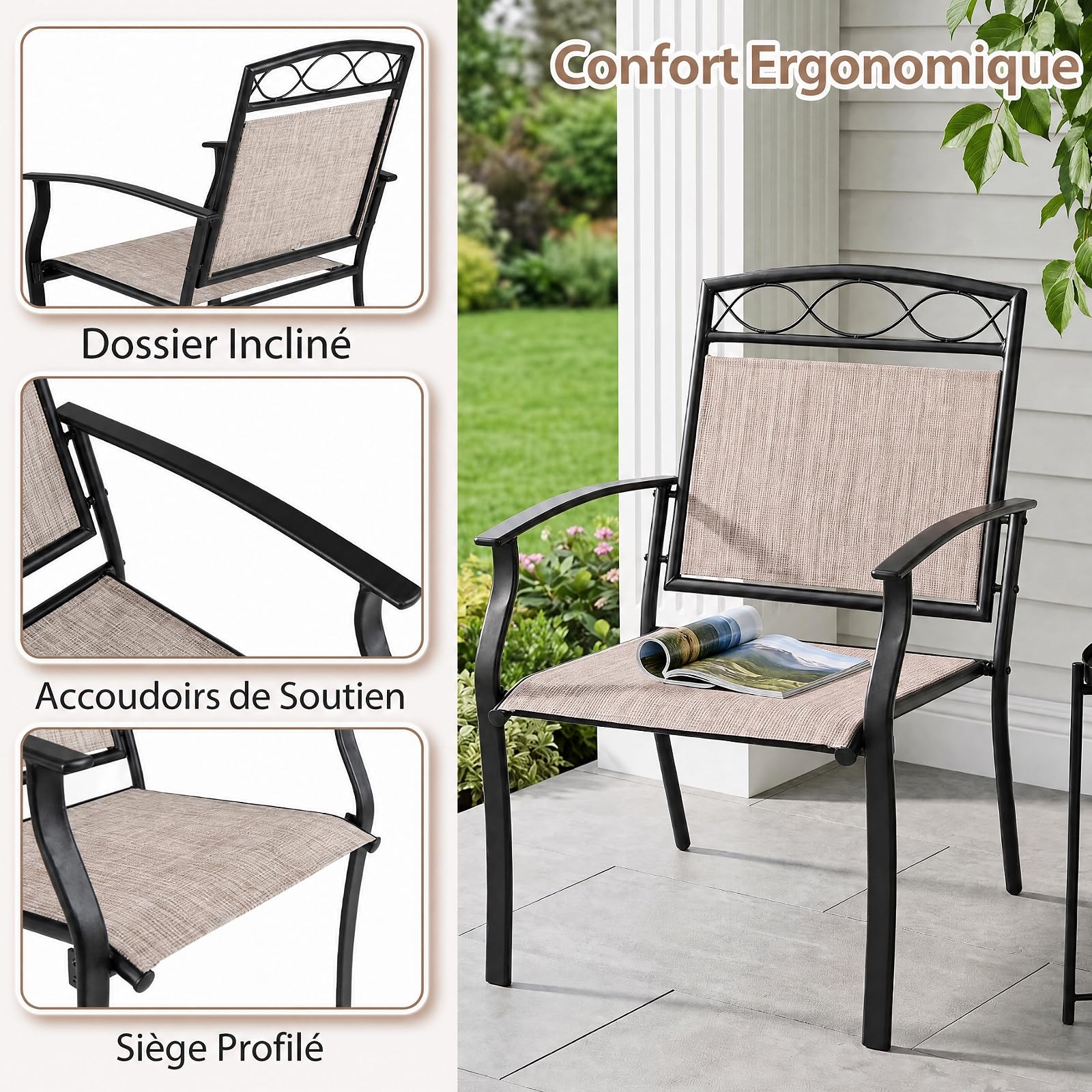COSTWAY Lot de 2 Chaises de Jardin Extérieur, Tissu Respirant, Charge 150kg