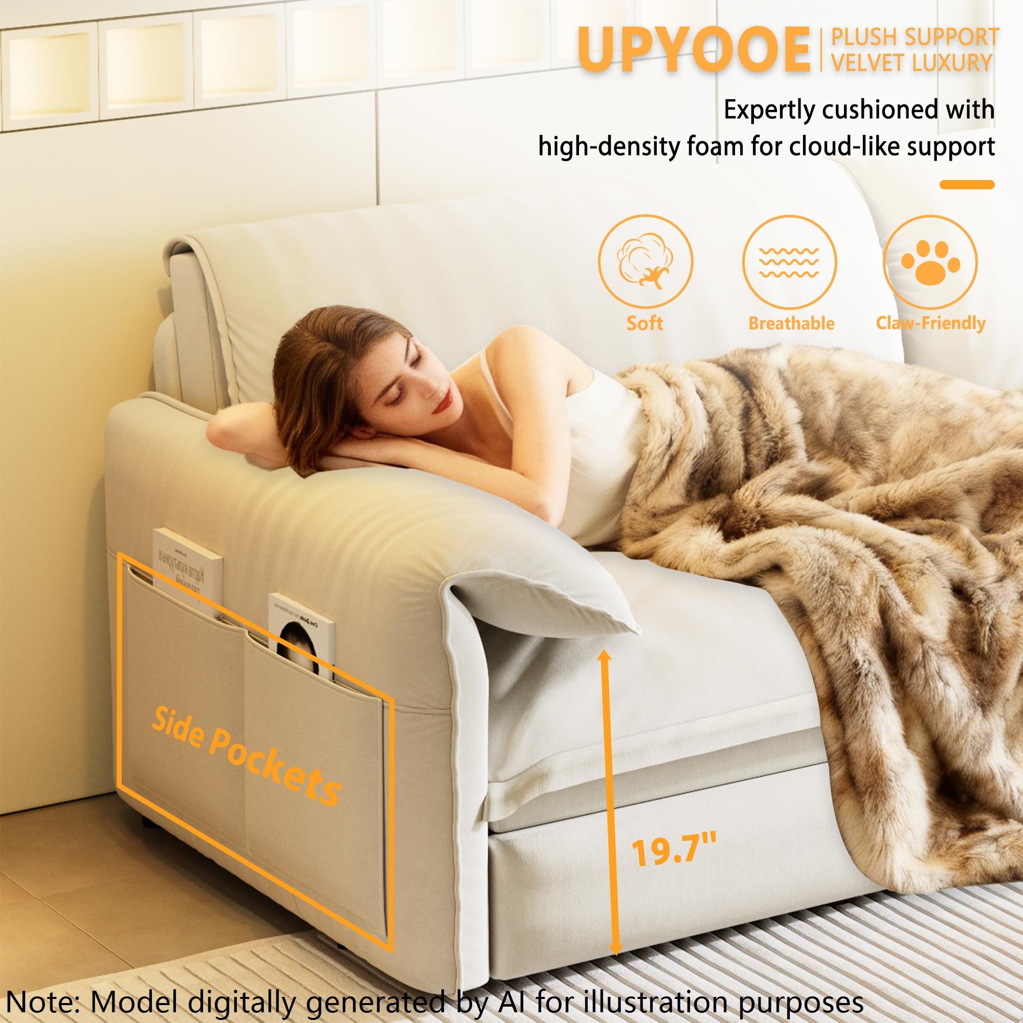 63.8" Sleeper Sofa Bed Queen Size, Pull Out Convertible Velvet Couch, Beige | 3-in-1 Sofa, Recliner & Bed, Removable Cover, Padded Arm, Pocket, for Narrow Doors, Living Room, Small Space, Apartment & RV