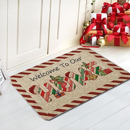 Miniatura 2 de GAGEC Tapete de Navidad para puerta de exterior, tapete de bastón de caramelo, alfombra de entrada roja y blanca, tapete de puerta de menta para