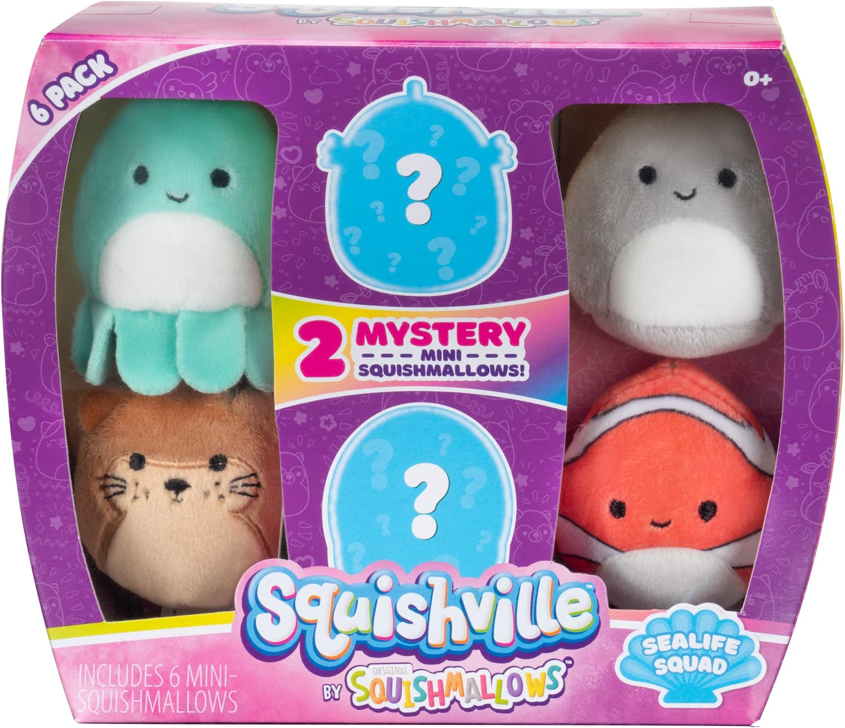 Squishville by Squishmallows SQM0067 Mystery Sealife Squad, Six 2 Sea Animals, Irresistibly Soft Colourful Plush, Mini Shark, Otter, and Seahorse