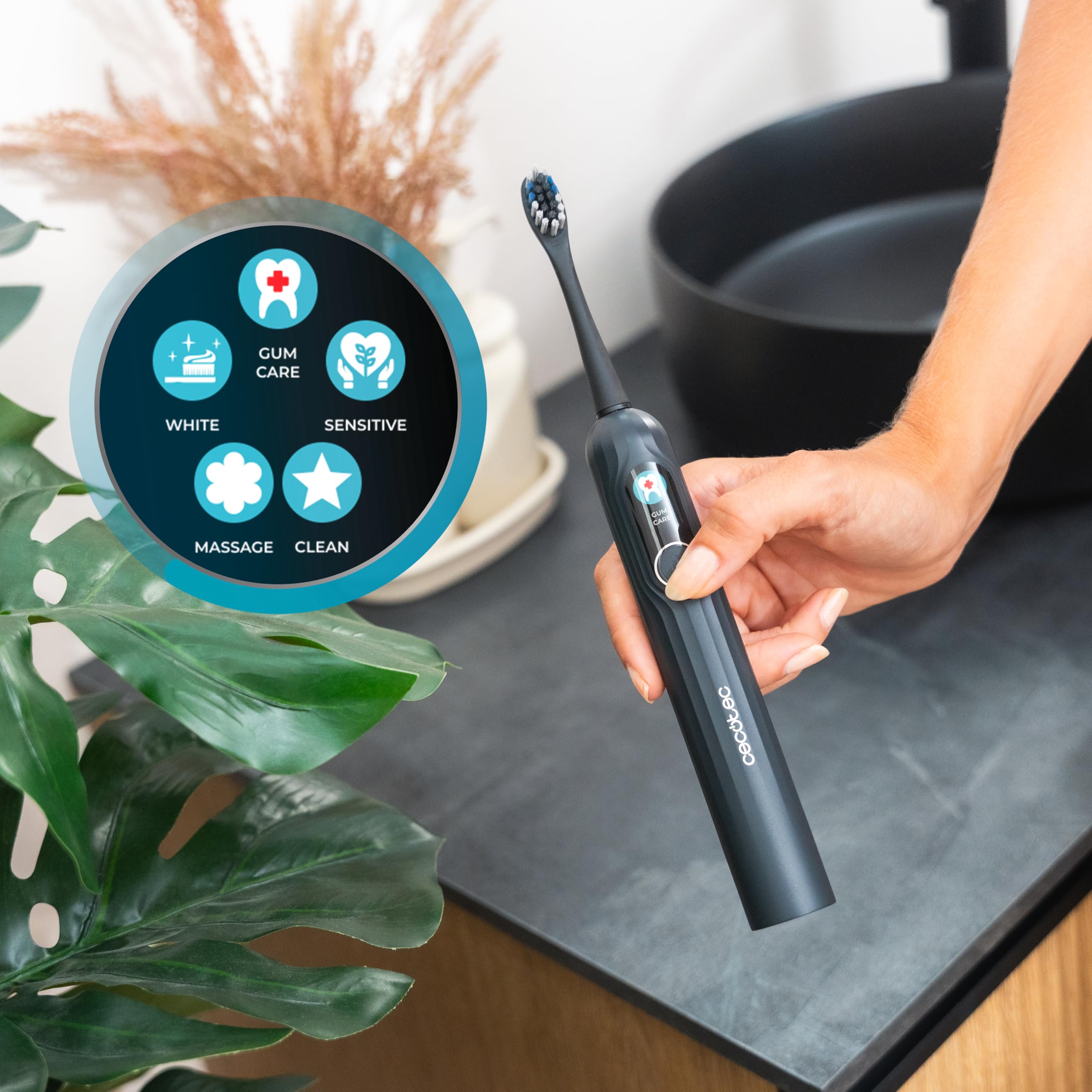 Cecotec elektrische Zahnbürste ToothCare UltraSonic PlatiniumSwing. DualClean Sonic+Oszillation, 50.000 rpm, 5 Modi, Display, Drucksensor, 30-s-Intervall, 2-Min Timer, kabellose Ladestation, 8 Köpfe