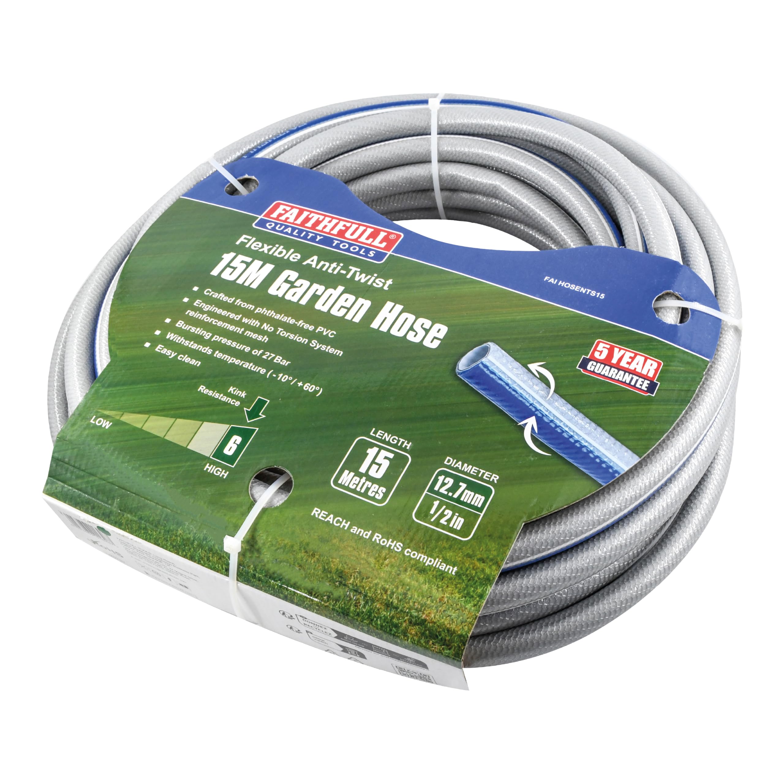 Faithfull Flexible Anti-Twist NTS Hose 15M (49ft) 12.7mm (1/2in) Diameter – Phthalate-Free PVC 5 Layer Construction, NTS Reinforced Mesh, Kink & Twist Resistant Hose Pipe