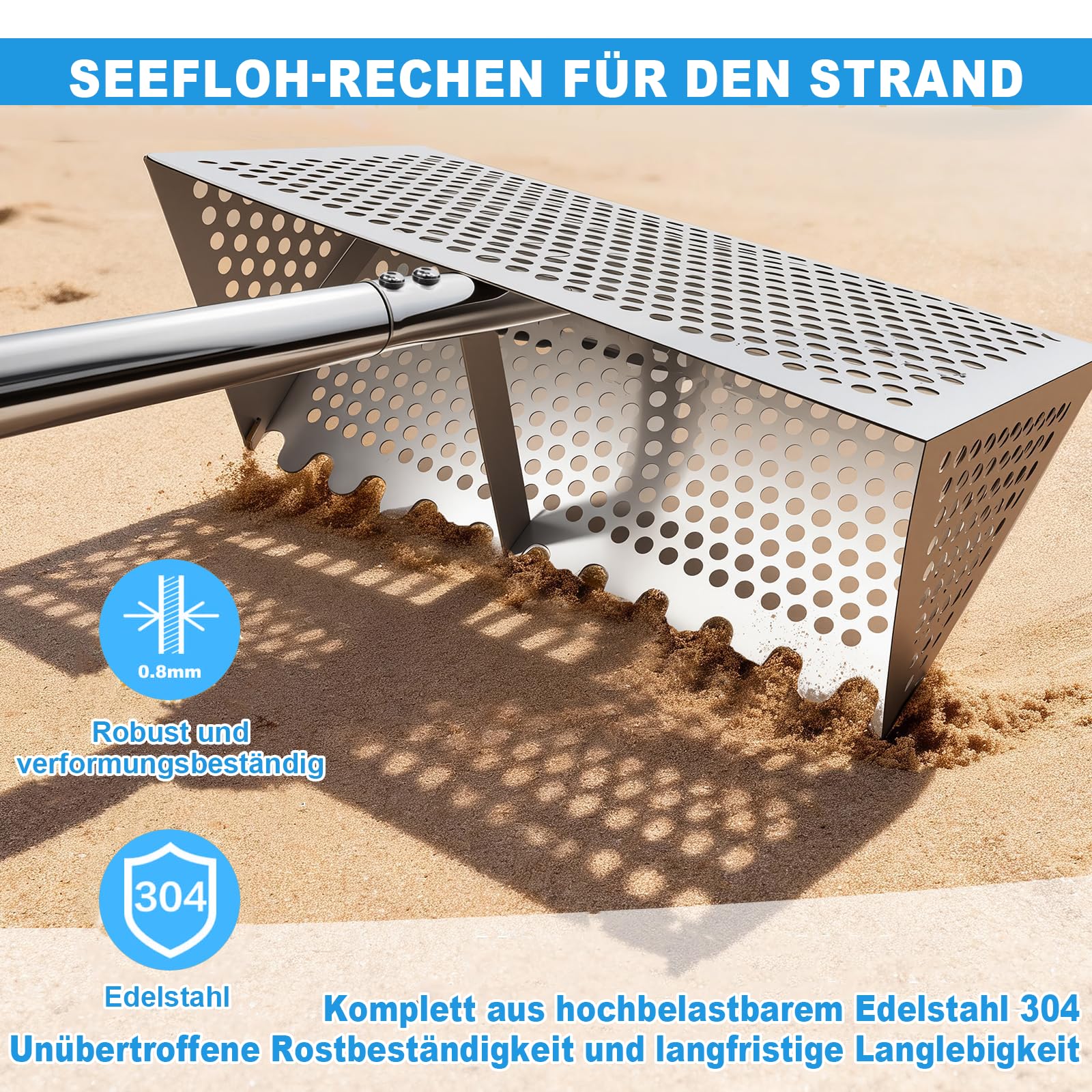 Sand Flohrechen Set, Edelstahl Strandsand Sieb, Abnehmbarer Langer Griff | mit Eimer, Handschuhe, Schaufel, Räder, Sandflohsieb Scharfen Zähnen Strandrechen, Sandflohharke Strand Sandsieb für Meerjagd