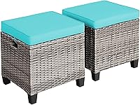 Tangkula 2-Piece Outdoor Rattan Ottomans with Cushions - All-Weather Wicker Footrests & Seats for Patio, Garden, Poolside (350 lbs Capacity)