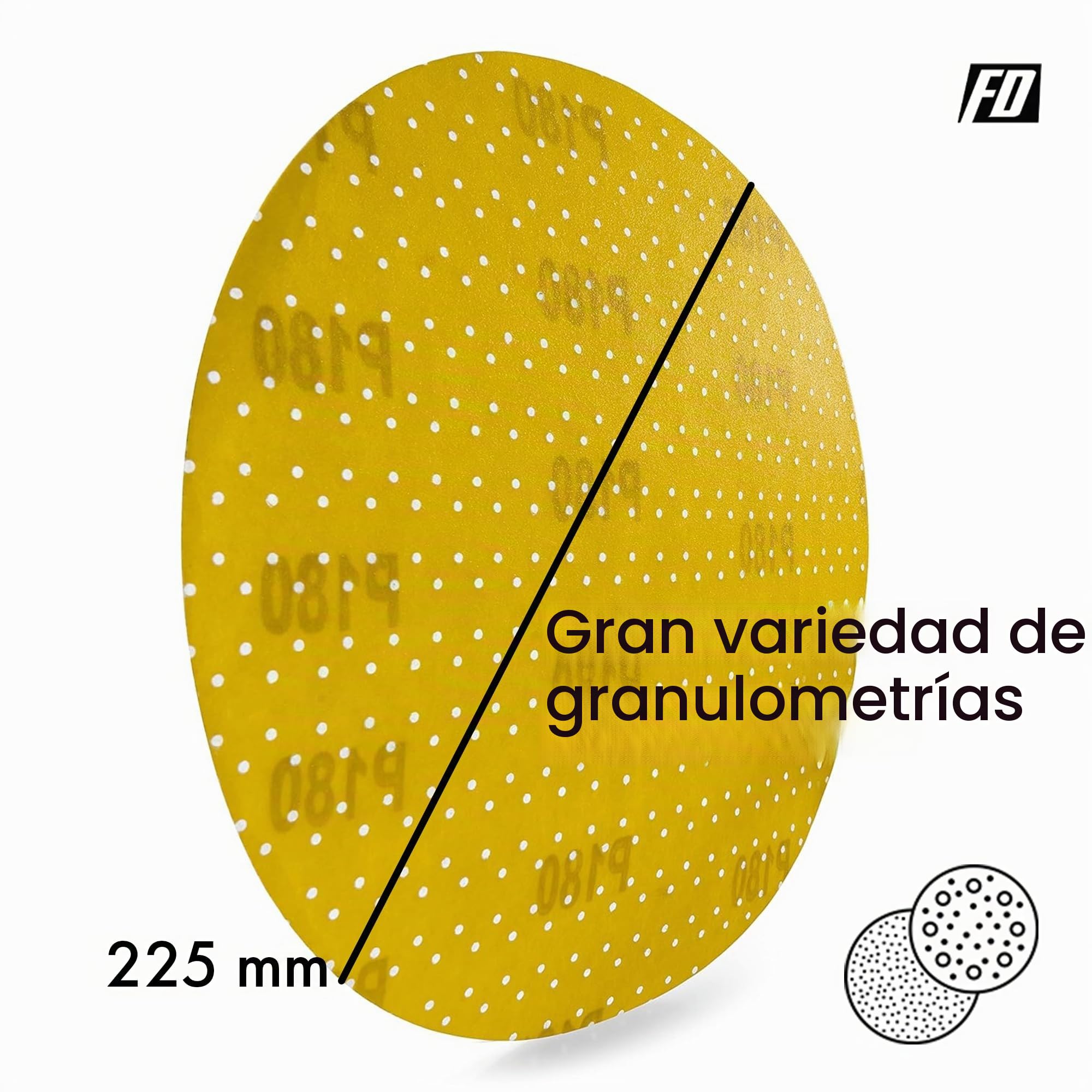 Discos de Lija Profesionales │ amarillo │ 25 piezas │ Ø 225 mm │ autoadesivo │ Mixpack (5 x grano 60/80/120/180/220 cada uno) │ para amoladoras excéntricas │ Papeles de Lija Abrasivos