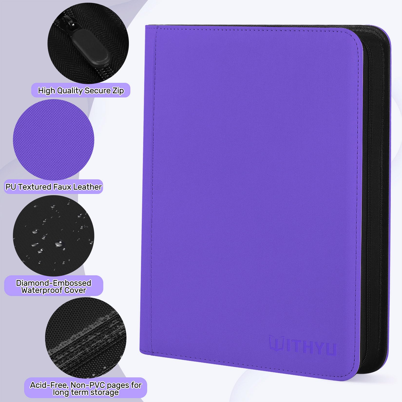 WITHYU Album da Collezione per Carte 16 Tasche, Capacità 1024 Carte - Portacarte Impermeabile Caricamento Laterale con Zip per TCG, Calcio & Collezioni, Portatile (Viola)