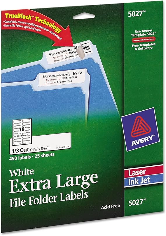 Avery 5027 XLarge File Folder Labels, 1/3 Cut, 15/16 x 3