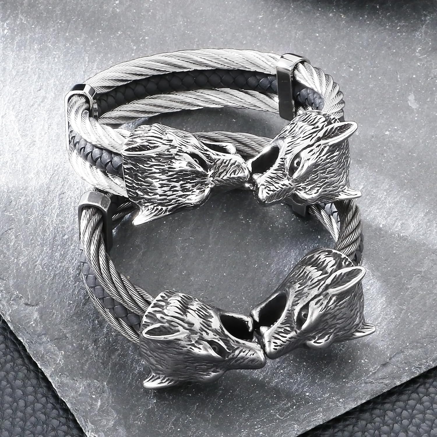 Men's Viking Wolf Head Bracelet 316 Stainless Steel Leather Open Cuff Tribal Retro Wolf Twisted Cable Cuff Bangle Vintage Gothic - Image 3