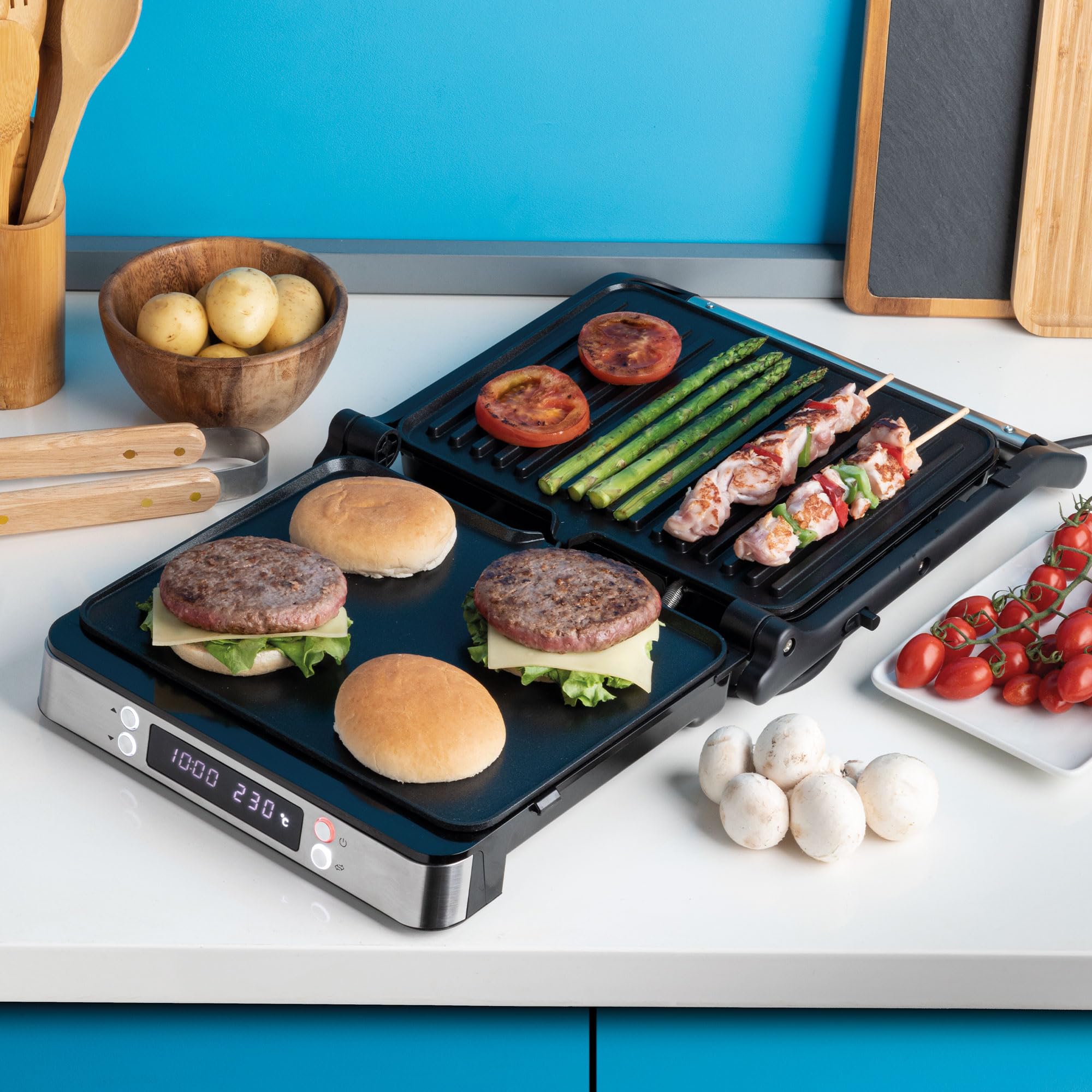 JATA JEGR1529 - Grill Eléctrico Digital 2000 W. Parrilla con apertura total 180° | Pantalla LED | Placas mixtas antiadherentes sin PFOA | Tapa basculante | Bandeja recogegrasas