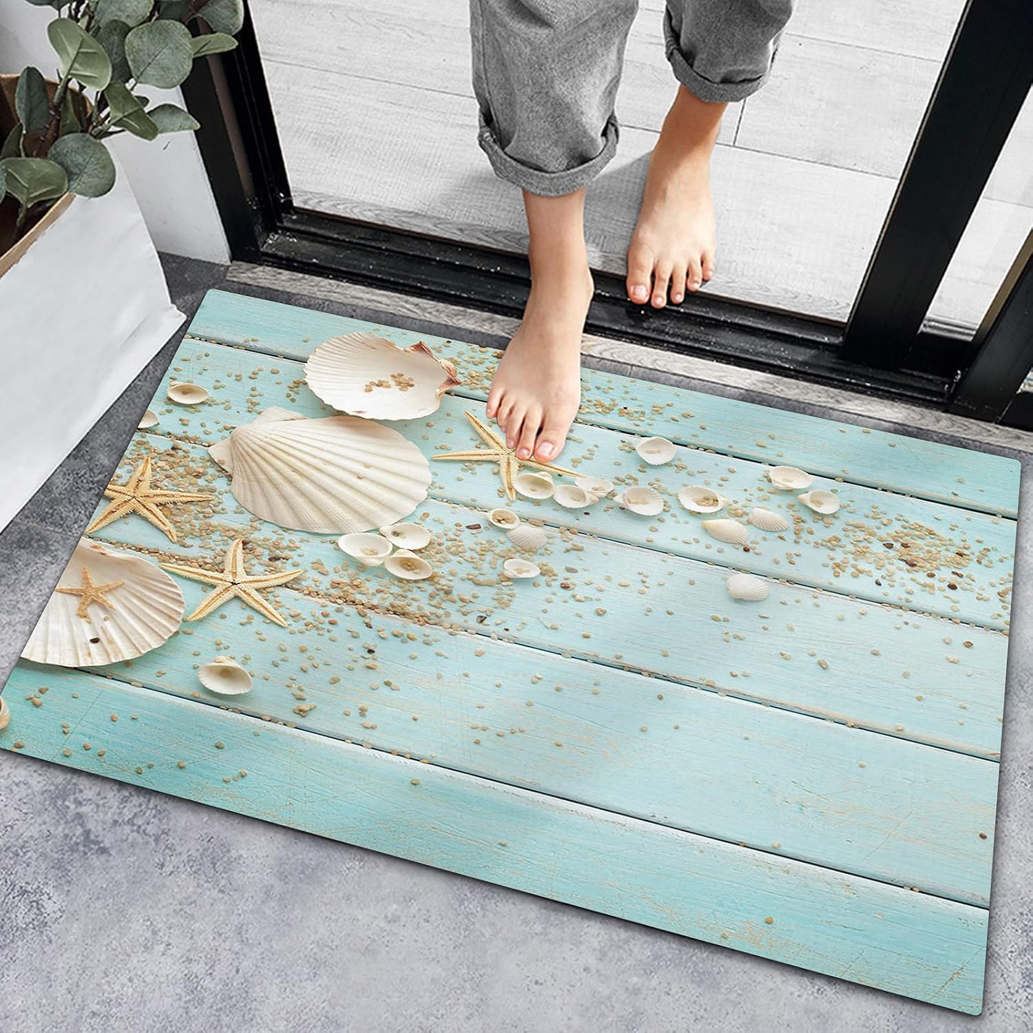 Doormat Nautical Beach Shell Starfish Teal Retro