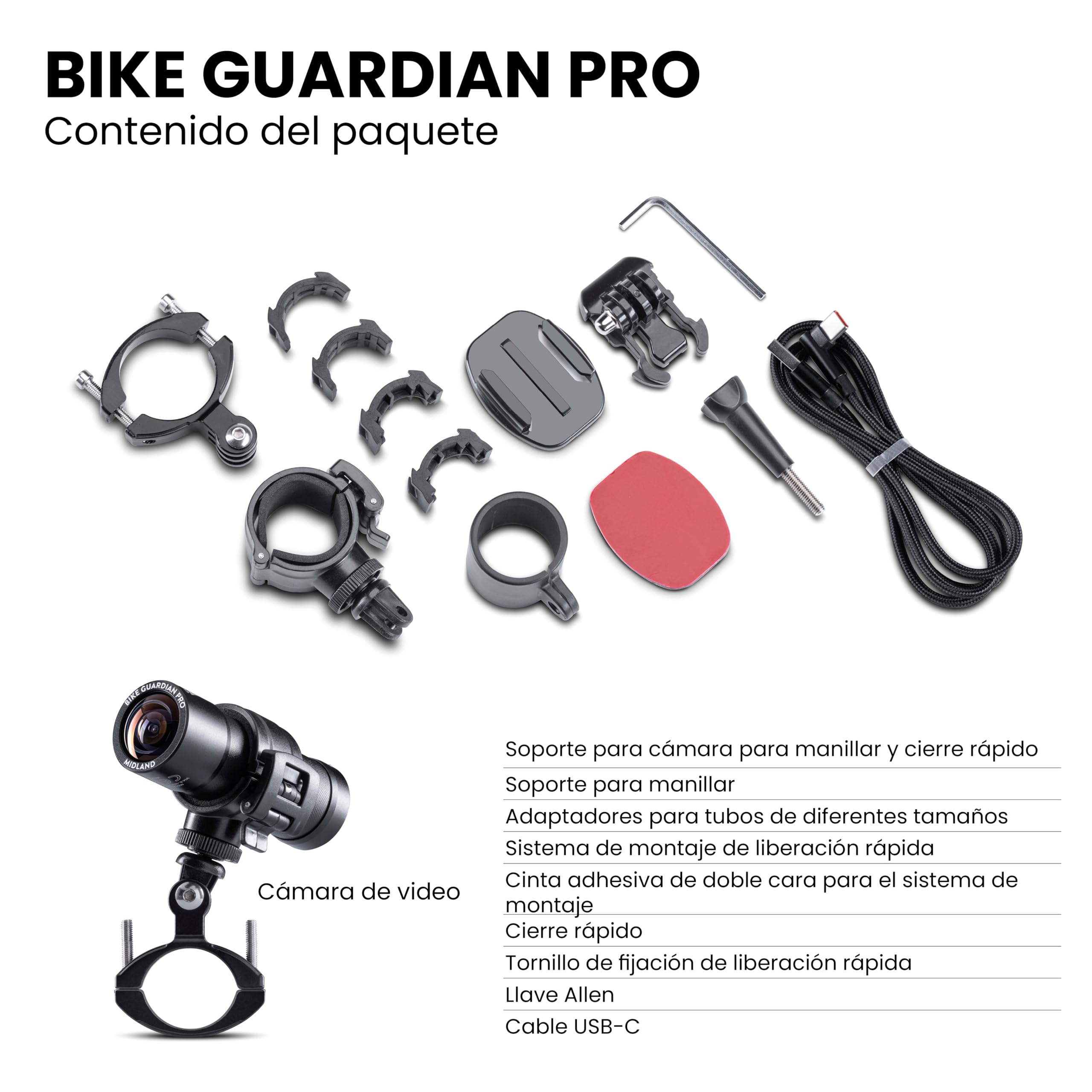 Midland - Bike Guardian PRO, Dashcam y Cámara Acción Moto 2K, Cámara Coche Grabadora y Moto con Sensor Sony, Estabilización Avanzada, Impermeable IP65, Streaming en Vivo, 2H Autonomía, Accesorios Moto