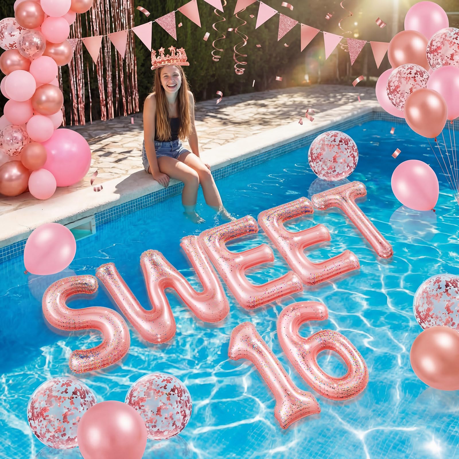 View 1 of 10Pcs Sweet 16 Pool Floats Letters, 20" Pink Inflatable Birthday Decoration