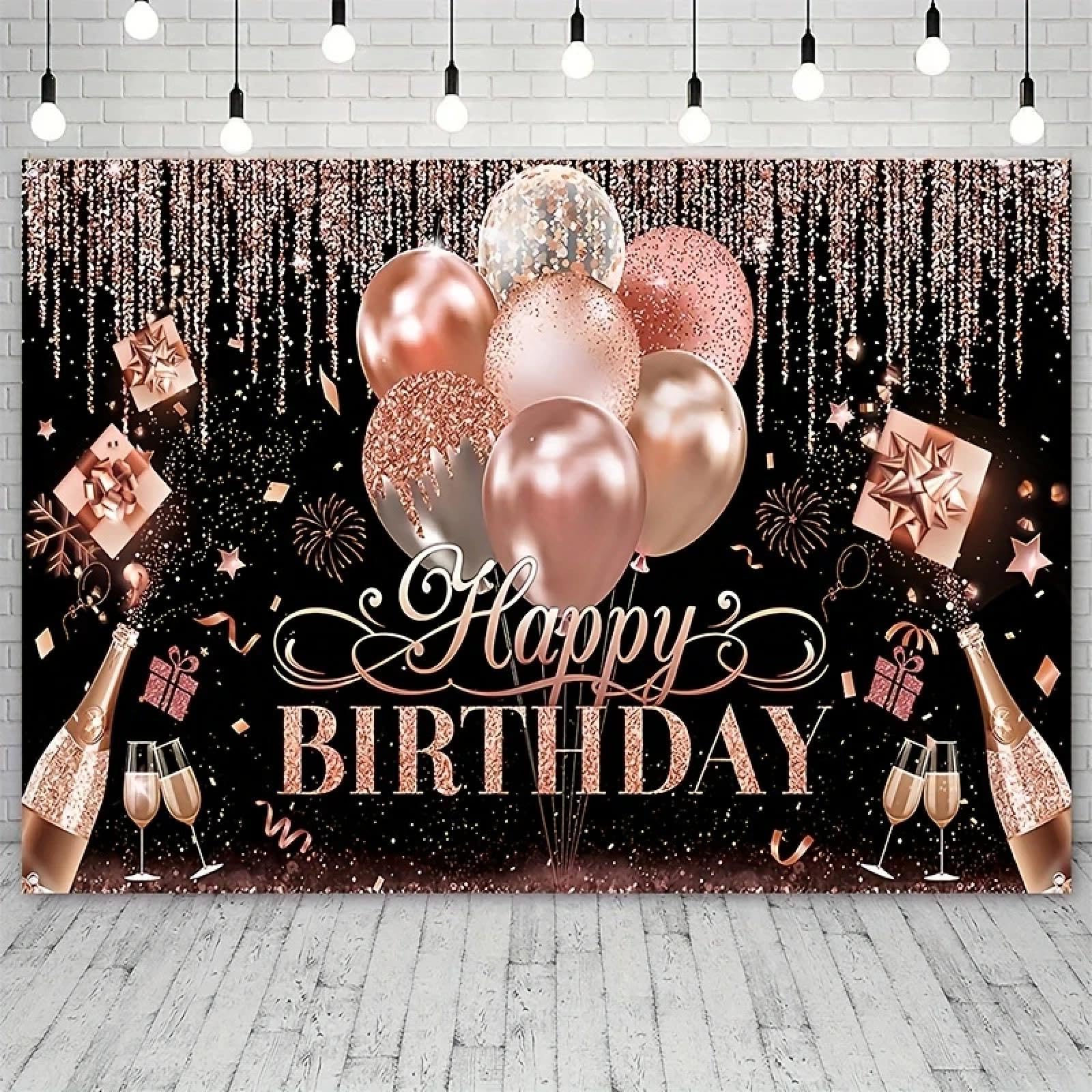 Czarny srebrny różowe złoto baner Happy Birthday Party artykuły dekoracyjne Flash balon tło na przyjęcie urodzinowe