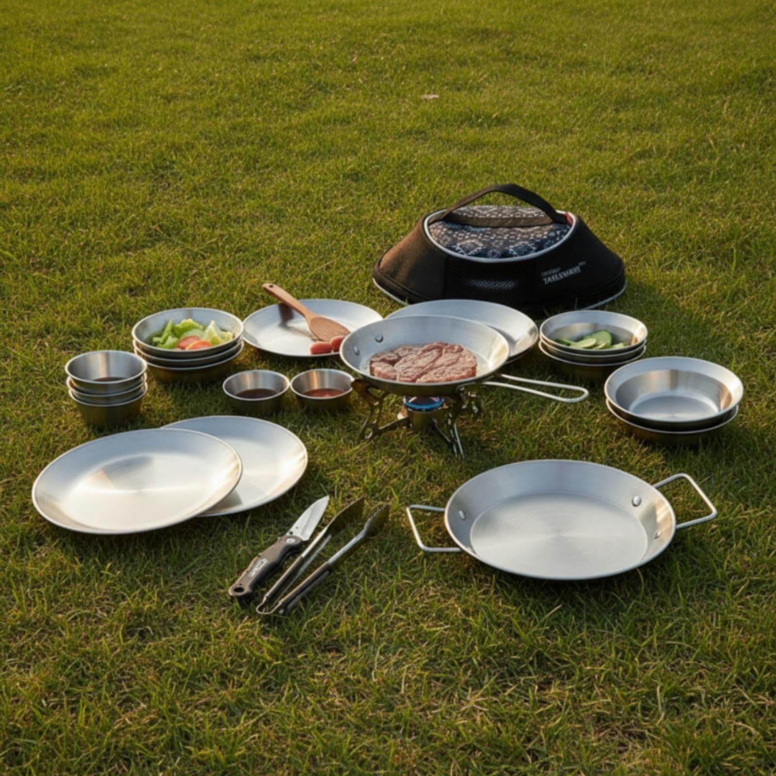 Milageto 18 Pezzi Stoviglie da Campeggio con Borsa Durevole Set da Campeggio in Acciaio Inox Antiruggine per Famiglie, Barbecue