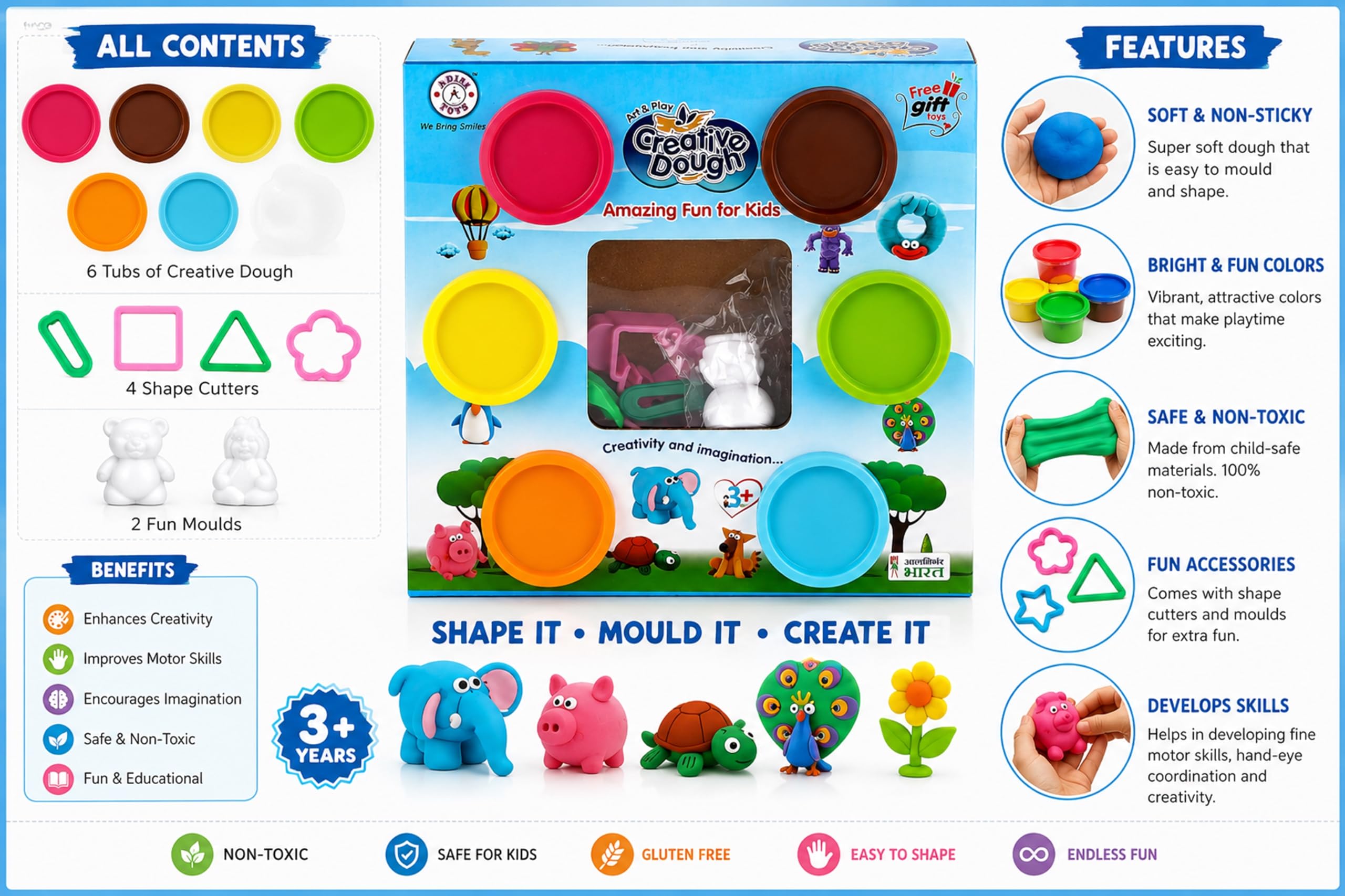 Fratelli Dough Clay Modeling Kit for Kids | Non-Toxic | Air Dry Colour Clay with Moulds |DIY Art & Craft Activity Set | BIS Approved |Creative Learning & Pretend Play Toy for Boys & Girls | 3+ Years | 30g | Pack of 6