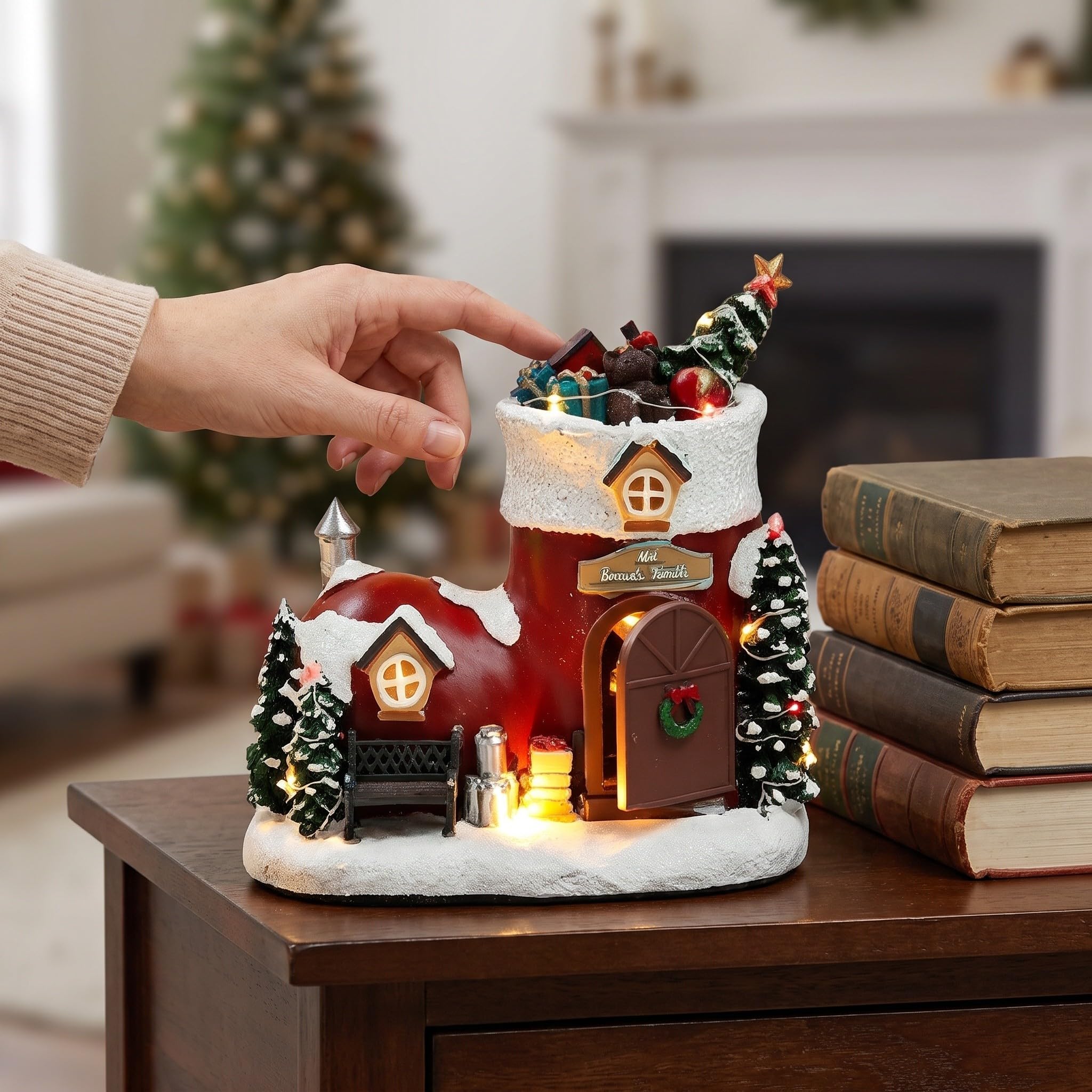 Artibetter Carillon a Forma di Stivale Natalizio: Stivale Natalizio in Resina Dipinto a Mano con Musica e luci - Scarpa di Babbo Natale Musicale illuminata per caminetto, mensola del, Regalo ricordo
