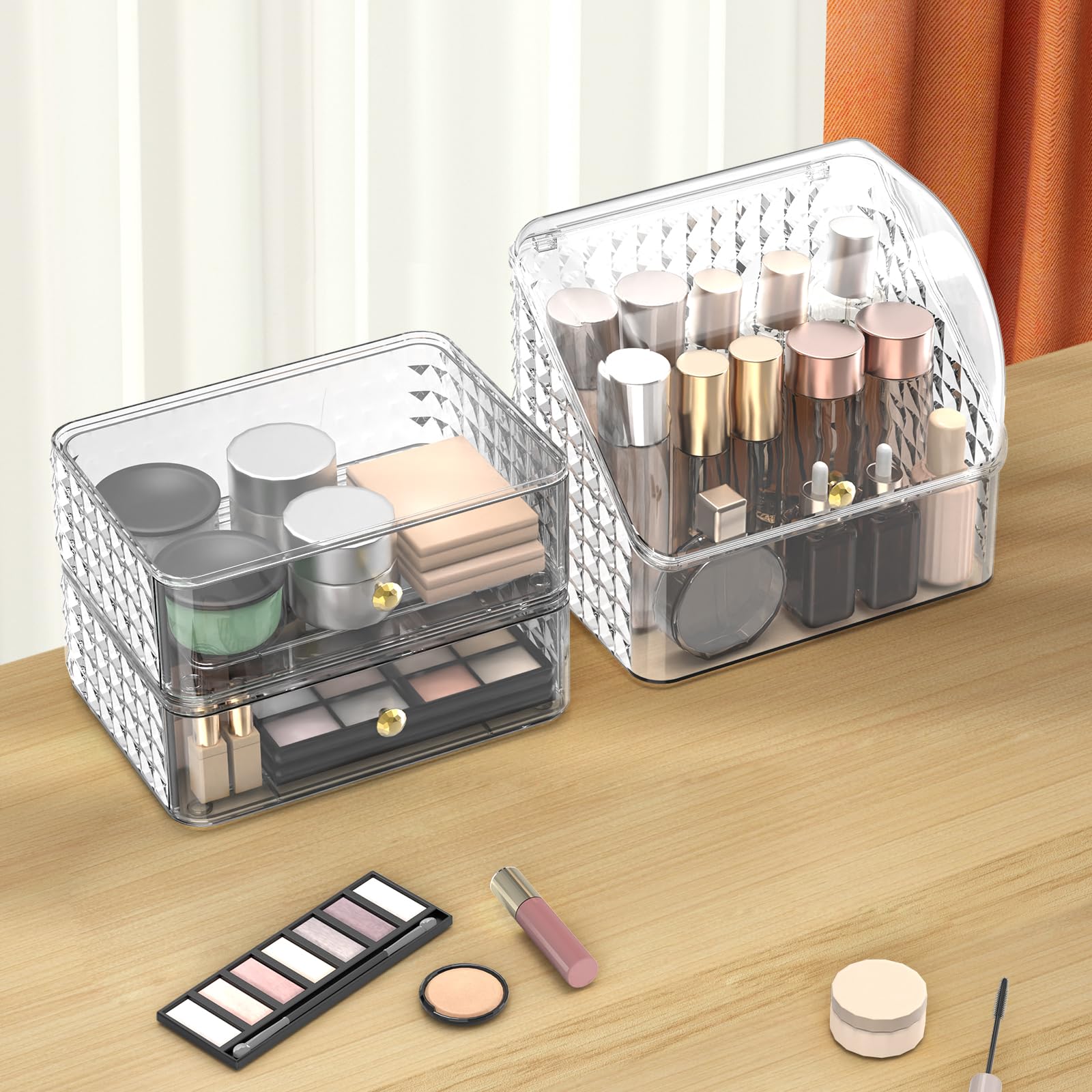 Rosoenvi Makeup Organizer for Vanity, Stackable Cosmetics Organizer and Storage, Makeup Organizer Case with Waterproof and Dustproof Lid, Perfect for Countertop Bathroom Vanities, 3 Layers, Clear