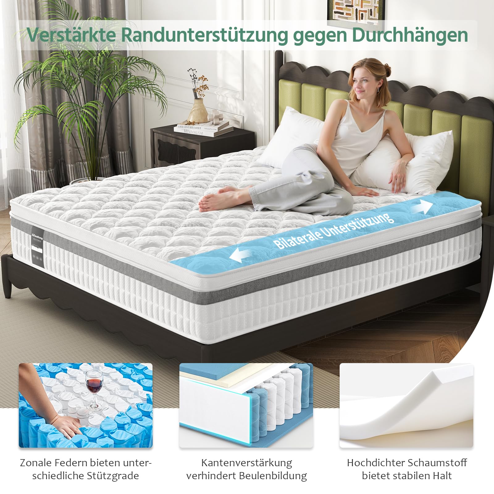 SZsuilong Matratze 90x200 cm H3 H4 Höhe 28cm, 7-Zonen Federkernmatratze Orthopädische Taschenfederkernmatratze mit Comfort Memory-Schaum Schicht, Öko-Tex Zertifiziert Rückenentlastende