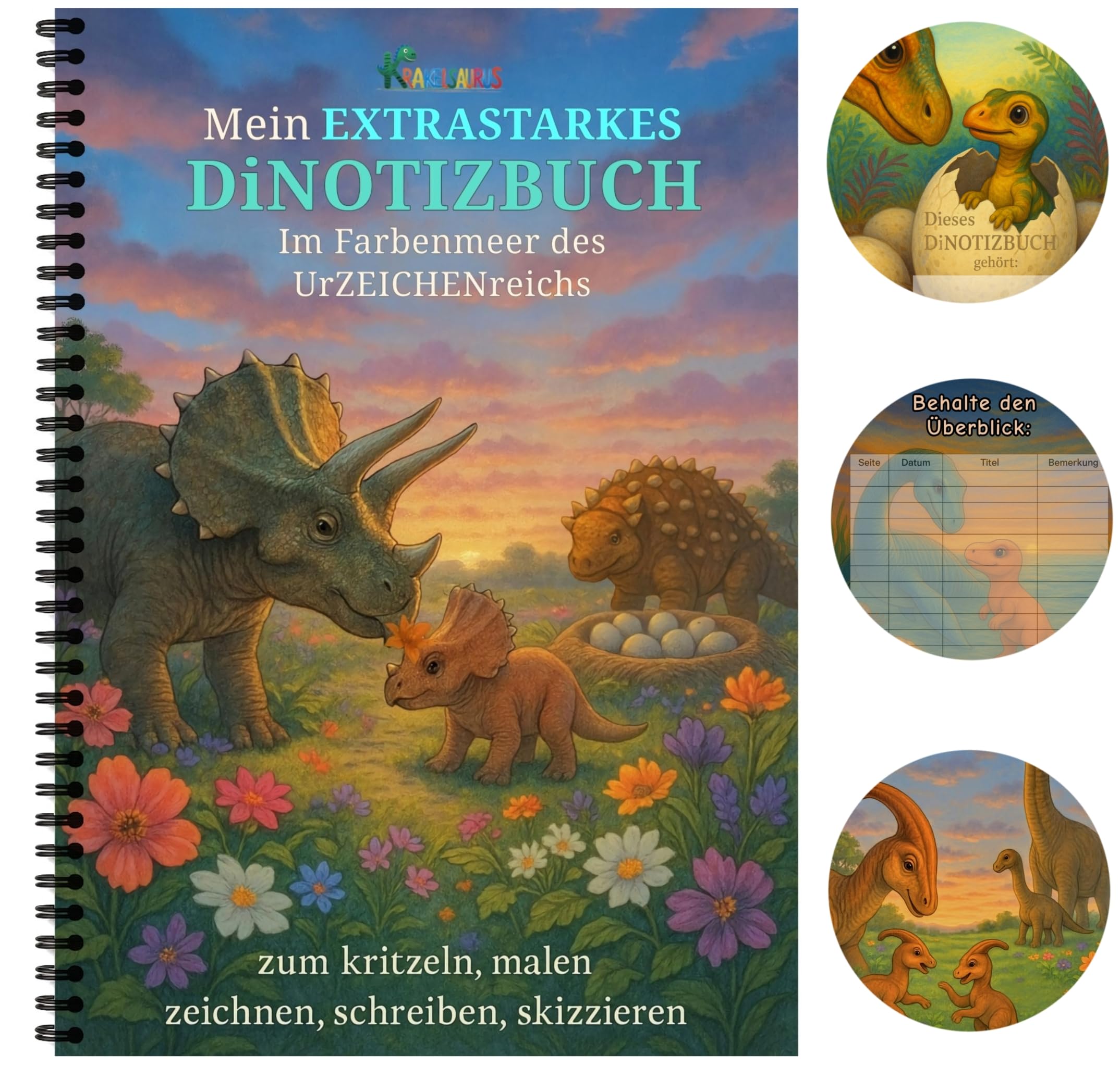 Kinder Skizzenbuch Dinosaurier A4 – mit Inhaltsverzeichnis,