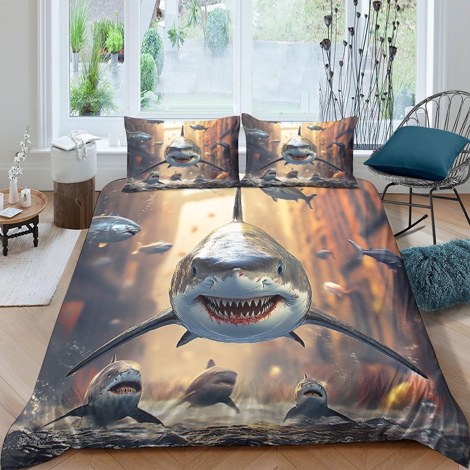 Ctjqhvkz Style-9 3D Printed Shark Ocean Fitted Sheet Microfiber Soft Mattress Cover Underwater Animal Decor For Bedroom Guest Room Single（135X200cm）