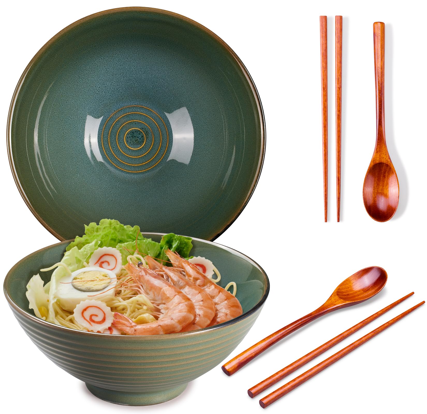 Lot de 2 bols à ramen en céramique - 1200 ml - 20 cm - Avec cuillère et bâtonnets pour ramen soup pho udon noodles asiatiques - Grand bol à noodle (vernis vert)