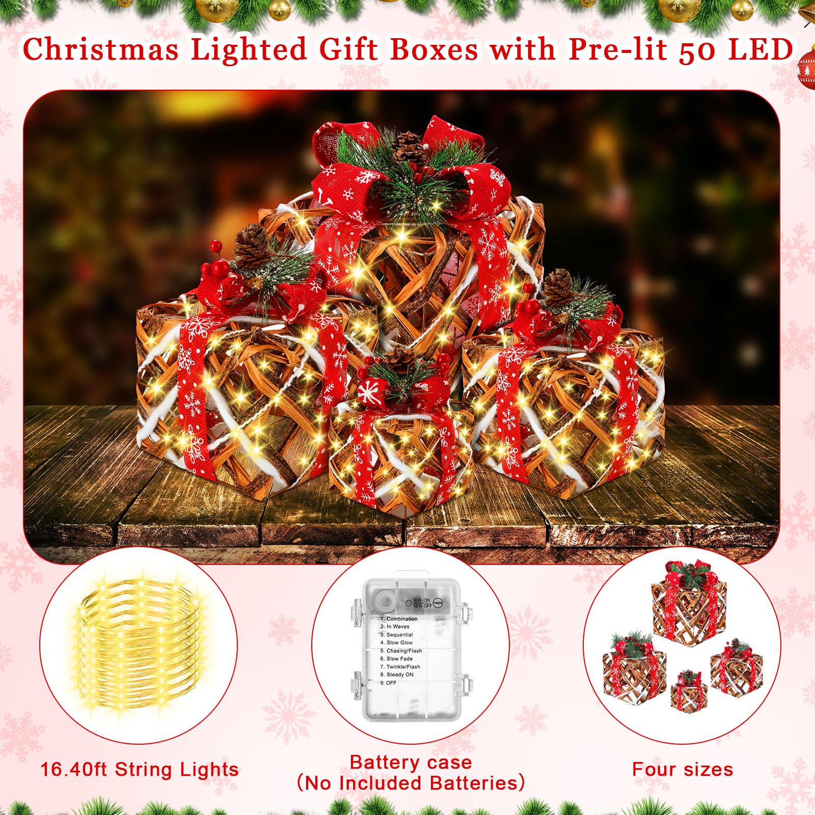 Yunlly 4 scatole regalo natalizie illuminate, decorazioni da 5 m, con luci a LED che si illuminano sotto l'albero di Natale, scatole regalo con fiocchi di nastro di pino, per interni ed esterni, feste