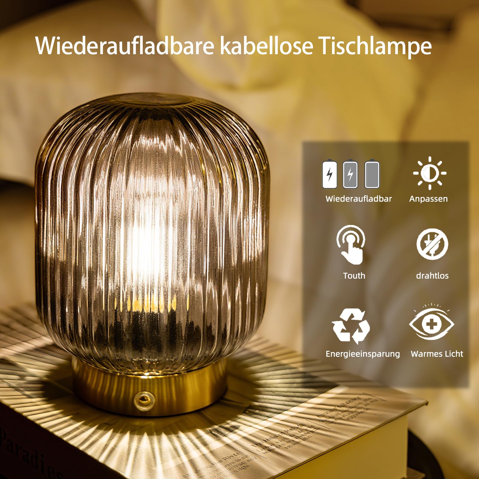 MJ PREMIER Lámpara de mesa inalámbrica batería gris cristal lámpara de noche