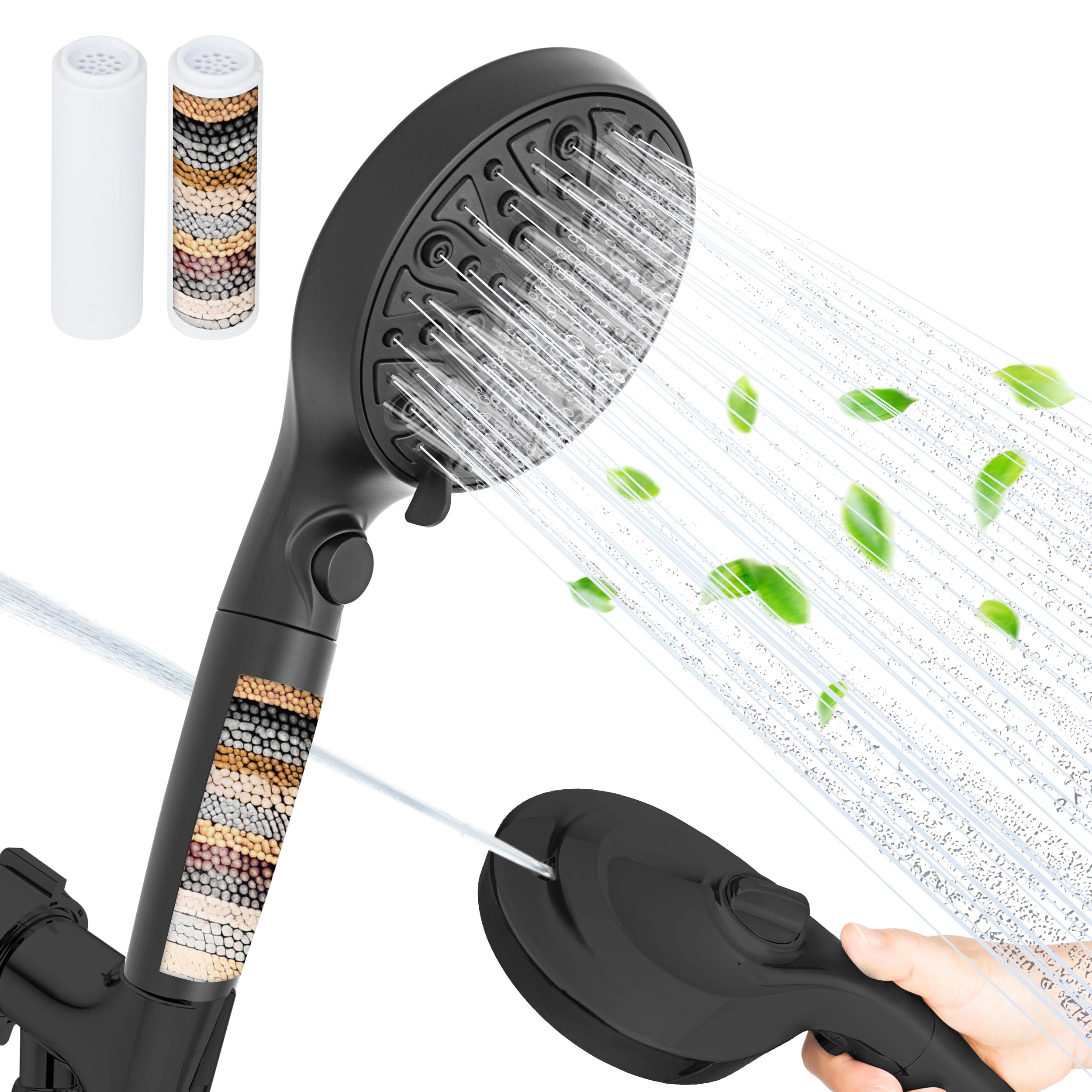 HYLER Filtered Handheld Shower Head with 8-Spray Modes and 1-Jet, 1.8 GPM Water Saving, ON/OFF Switch, 6ft Extra-long Stainless Hose, 15-Stage Strong Filter, Black Matte and 1-Extra Filter