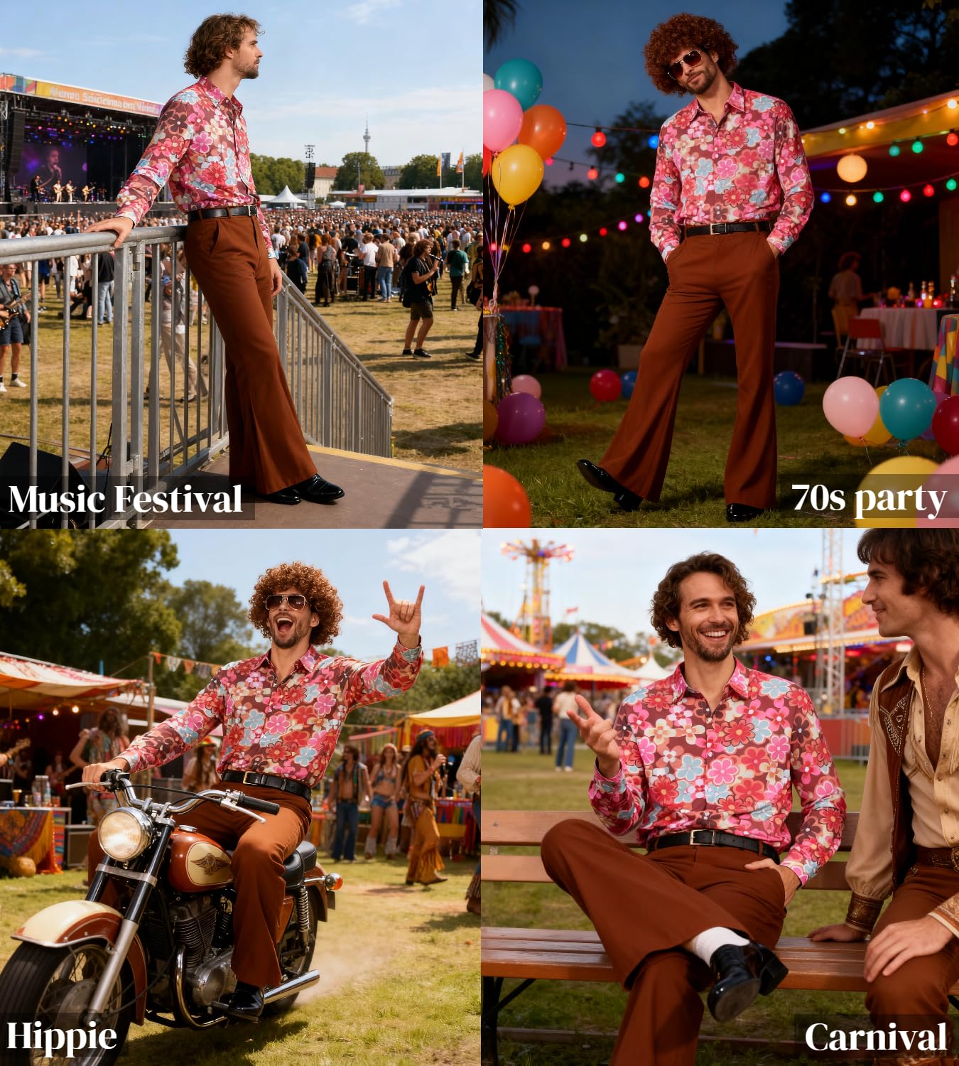 70er Jahre Disco Kostüm Set Hippie Herren Outfit mit Schlaghose Hemd 80s Fasching Bekeidung für 50s 60s 70s Cosplay Halloween Party